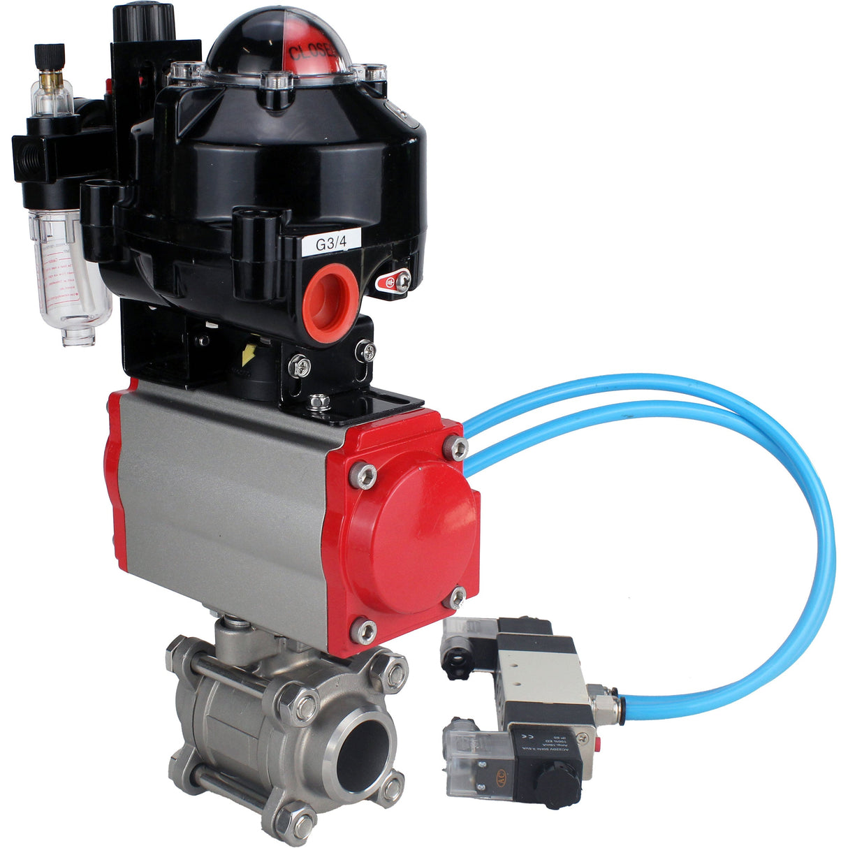 Kugelhähne Elephant BV3232P(3pc)-FP-W-ISO-H zum Schweißen, voller Durchgang, Gehäuse aus Edelstahl. Stahl SS316, Dichtung - PTFE, mit pneumatischem Antrieb Elephant PA-SA 052-130 pneumatischer Verteiler 4V320-10 ATU AFC2000 APL-510N-EX