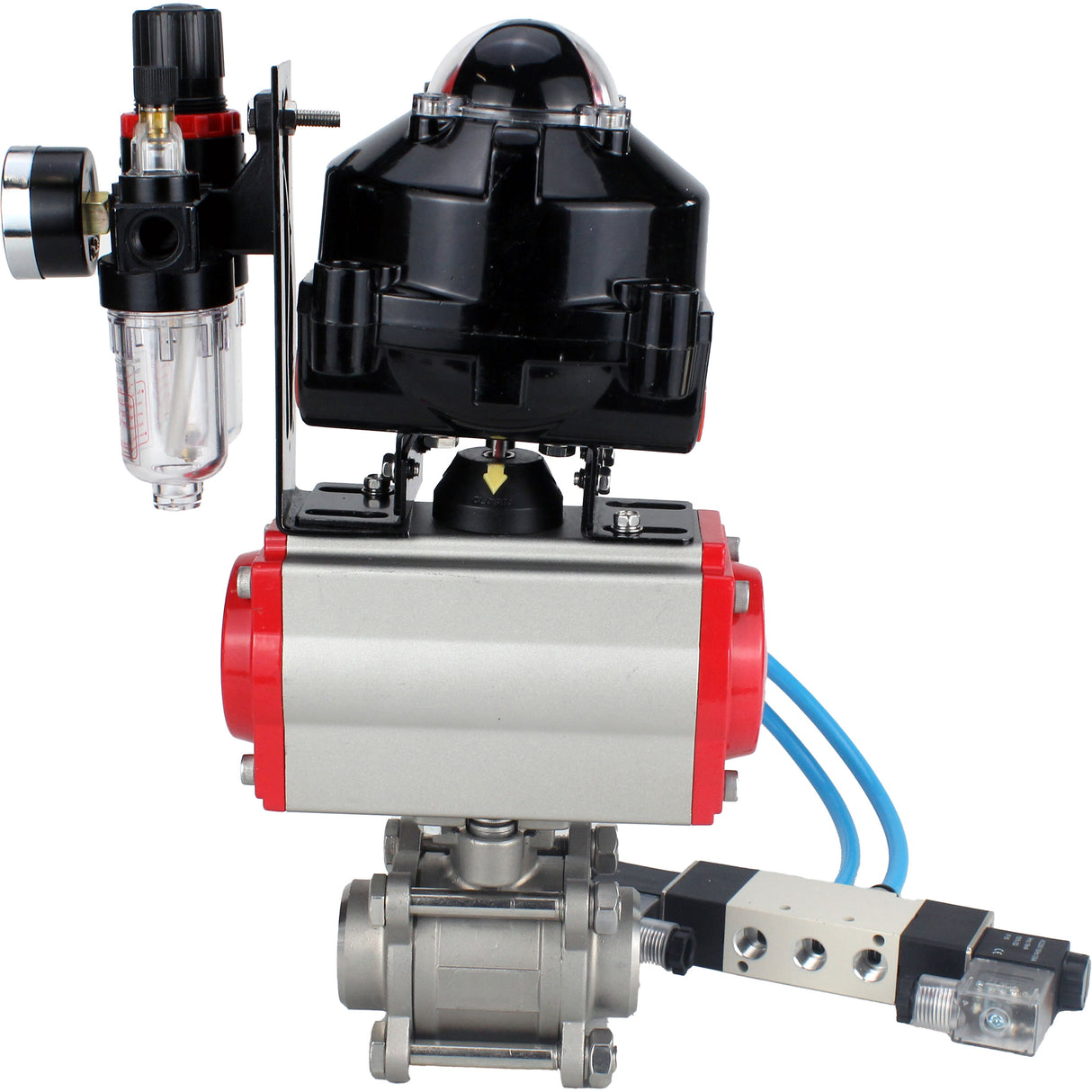 Kugelhähne Elephant BV3232P(3pc)-FP-W-ISO-H zum Schweißen, voller Durchgang, Gehäuse aus Edelstahl. Stahl SS316, Dichtung - PTFE, mit pneumatischem Antrieb Elephant PA-SA 052-130 pneumatischer Verteiler 4V320-08 ATU AFC2000 APL-510N-EX