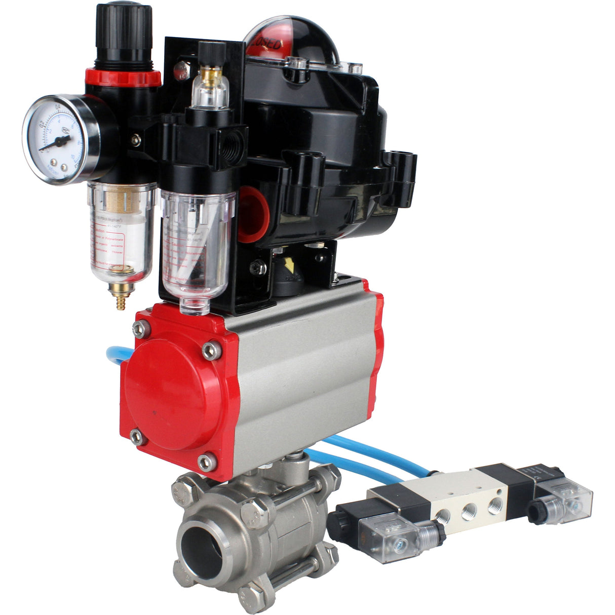 Kugelhähne Elephant BV3232P(3pc)-FP-W-ISO-H zum Schweißen, voller Durchgang, Gehäuse aus Edelstahl. Stahl SS316, Dichtung - PTFE, mit pneumatischem Antrieb Elephant PA-SA 052-130 pneumatischer Verteiler 4V320-08 ATU AFC2000 APL-510N-EX