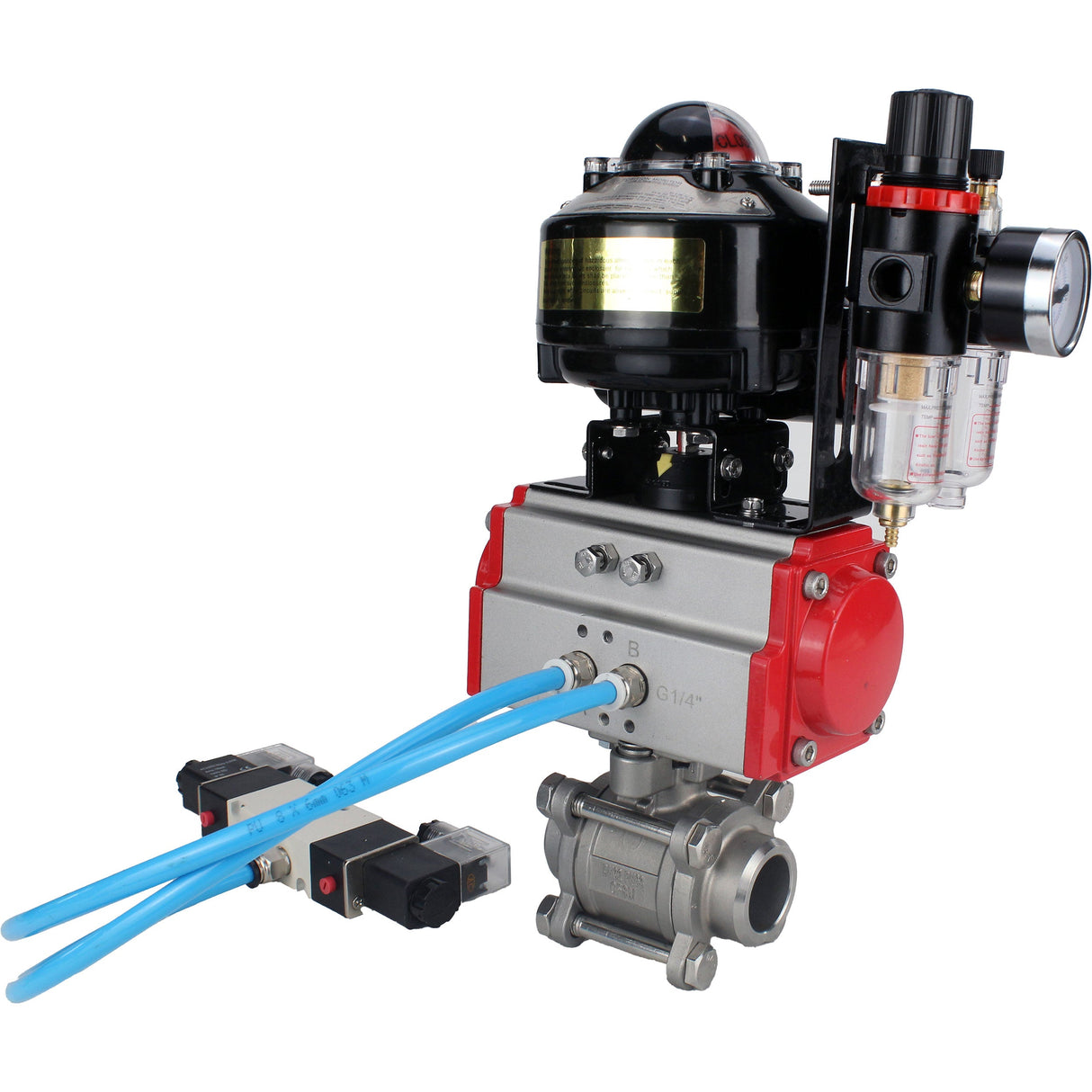 Kugelhähne Elephant BV3232P(3pc)-FP-W-ISO-H zum Schweißen, voller Durchgang, Gehäuse aus Edelstahl. Stahl SS316, Dichtung - PTFE, mit pneumatischem Antrieb Elephant PA-DA 052-083 pneumatischer Verteiler 4V320-10 ATU AFC2000 LSU APL-510N-EX