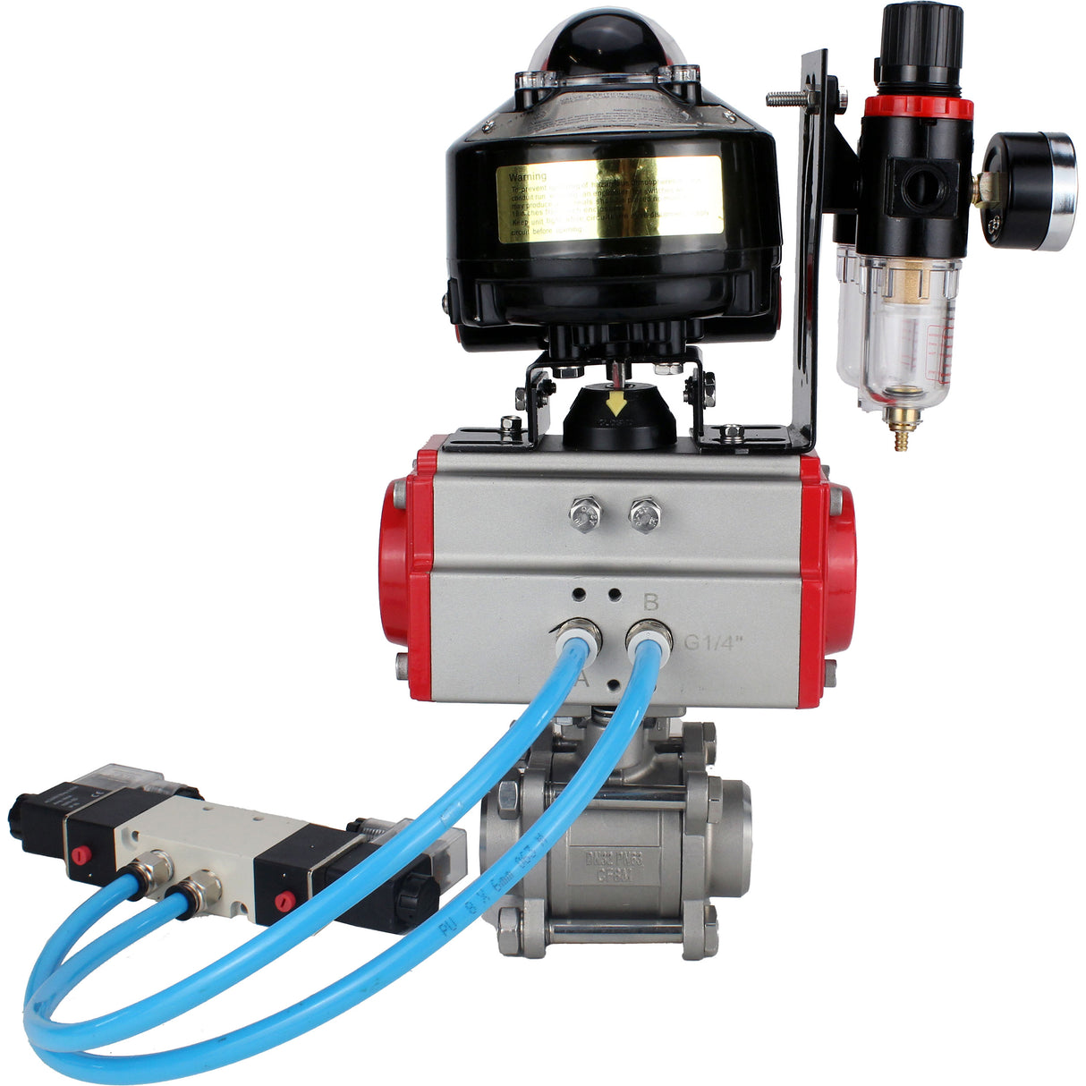 Kugelhähne Elephant BV3232P(3pc)-FP-W-ISO-H zum Schweißen, voller Durchgang, Gehäuse aus Edelstahl. Stahl SS316, Dichtung - PTFE, mit pneumatischem Antrieb Elephant PA-SA 052-130 pneumatischer Verteiler 4V320-08 ATU AFC2000 APL-510N-EX