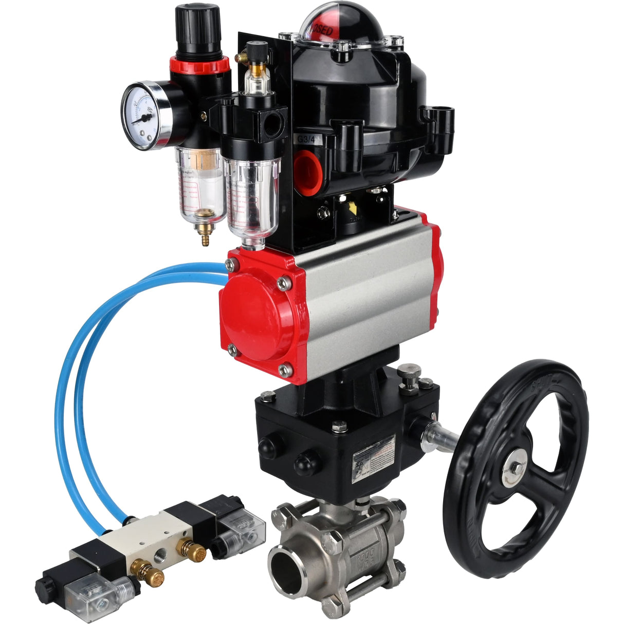 Kugelhähne Elephant BV3232P(3pc)-FP-W-ISO-H zum Schweißen, voller Durchgang, Gehäuse - Edelstahl SS316, Dichtung - PTFE, mit pneumatischem Antrieb PA-DA-052- 083 pneumatischer Verteiler 4V320-10 MON Getriebe ATU AFC2000 LSU APL-510N-EX