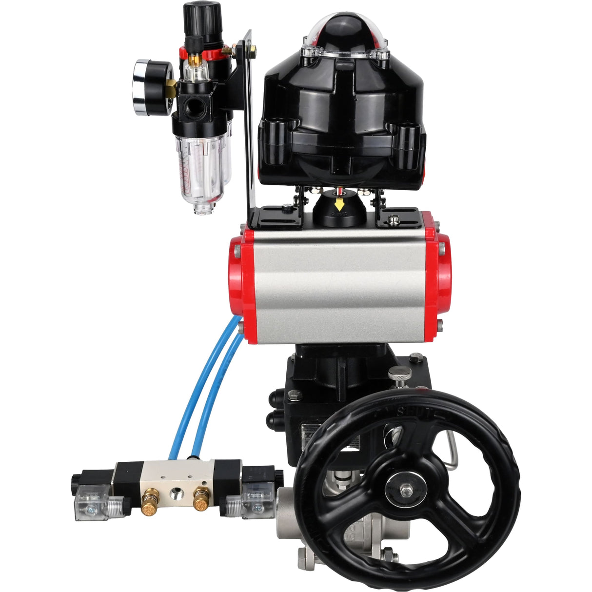 Kugelhähne Elephant BV3232P(3pc)-FP-W-ISO-H zum Schweißen, voller Durchgang, Gehäuse - Edelstahl SS316, Dichtung - PTFE, mit pneumatischem Antrieb PA-DA-052- 083 pneumatischer Verteiler 4V320-10 MON Getriebe ATU AFC2000 LSU APL-510N-EX