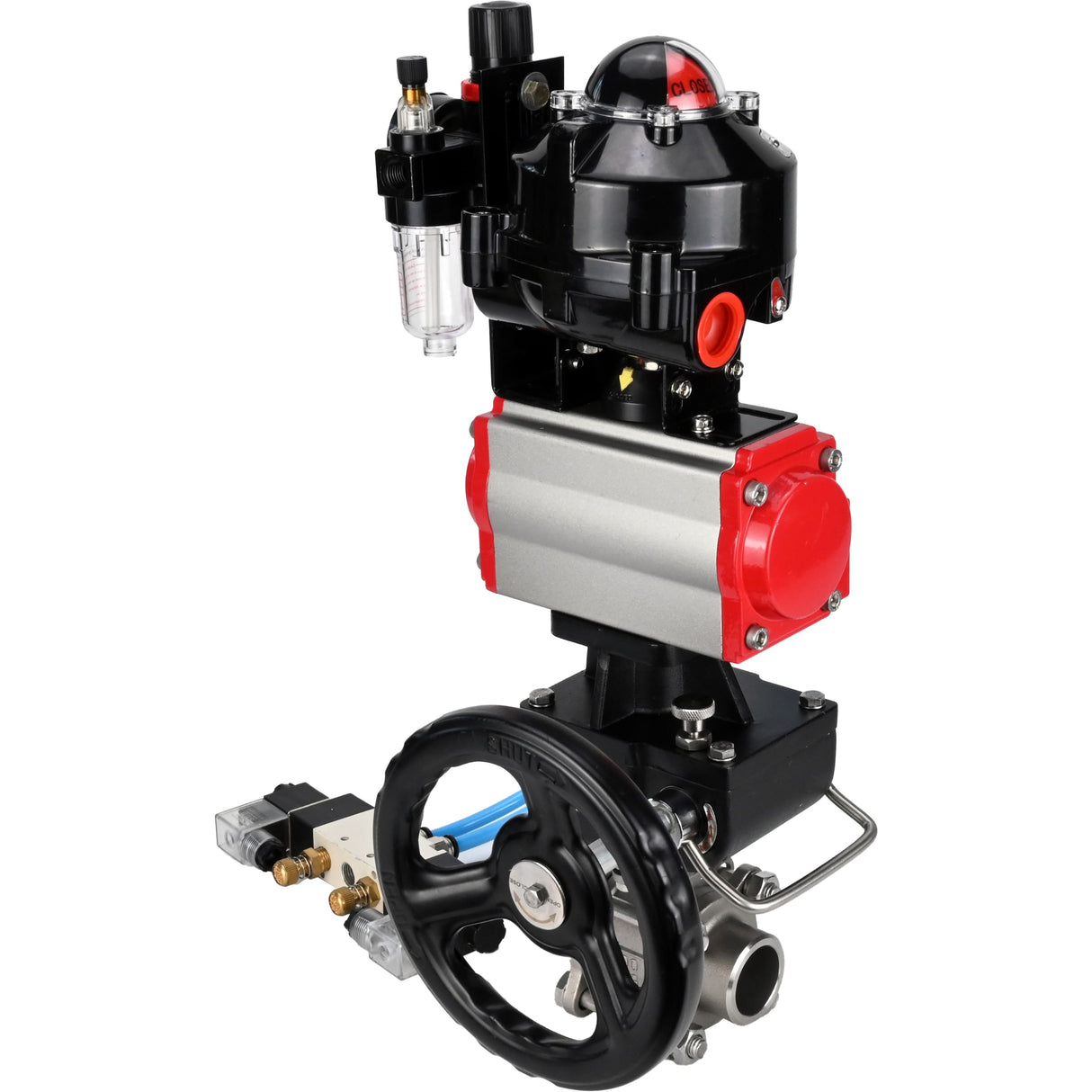 Kugelhähne Elephant BV3232P(3pc)-FP-W-ISO-H zum Schweißen, voller Durchgang, Gehäuse - Edelstahl SS316, Dichtung - PTFE, mit pneumatischem Antrieb PA-DA-052- 083 pneumatischer Verteiler 4V320-10 MON Getriebe ATU AFC2000 LSU APL-510N-EX