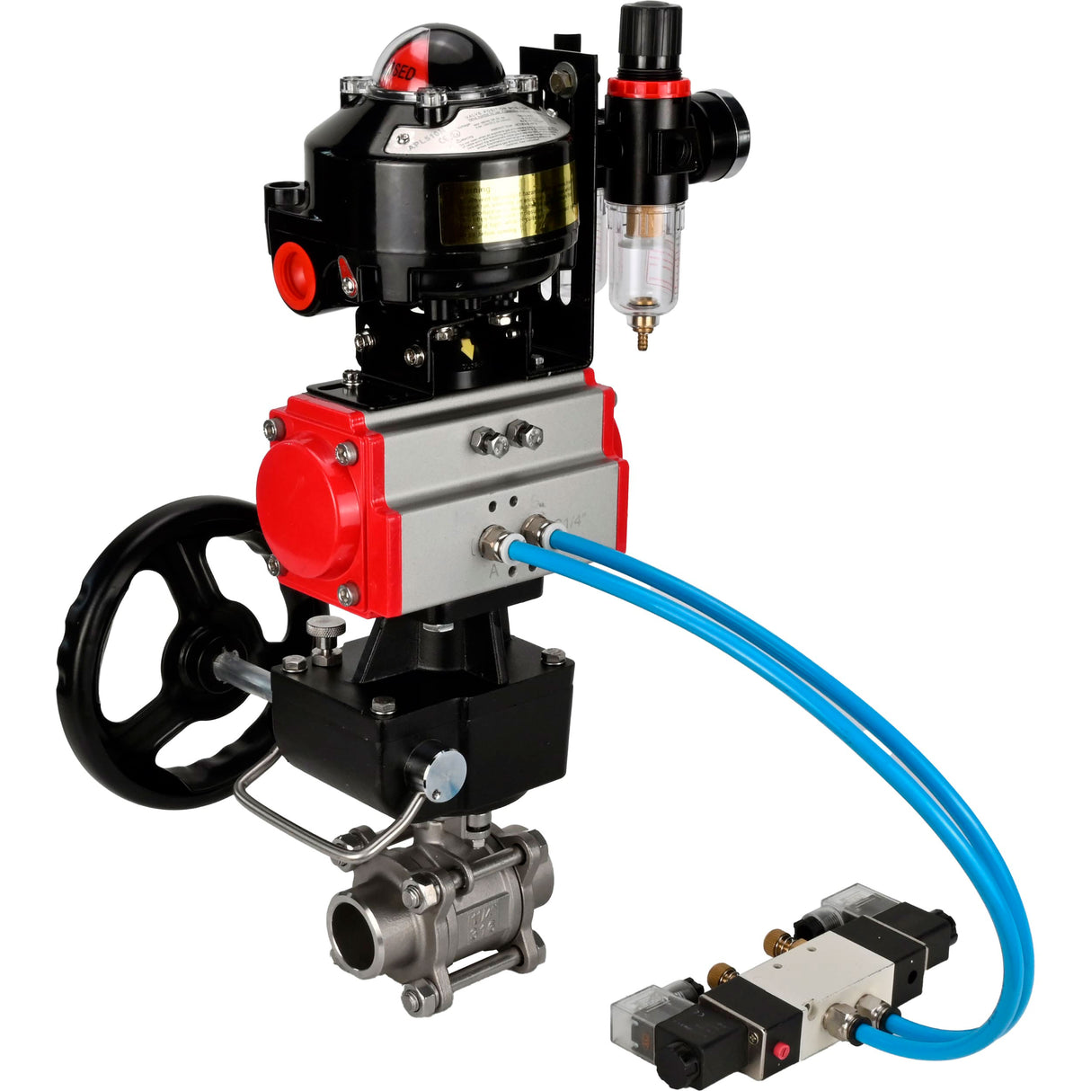 Kugelhähne Elephant BV3232P(3pc)-FP-W-ISO-H zum Schweißen, voller Durchgang, Gehäuse - Edelstahl SS316, Dichtung - PTFE, mit pneumatischem Antrieb PA-DA-052- 083 pneumatischer Verteiler 4V320-10 MON Getriebe ATU AFC2000 LSU APL-510N-EX