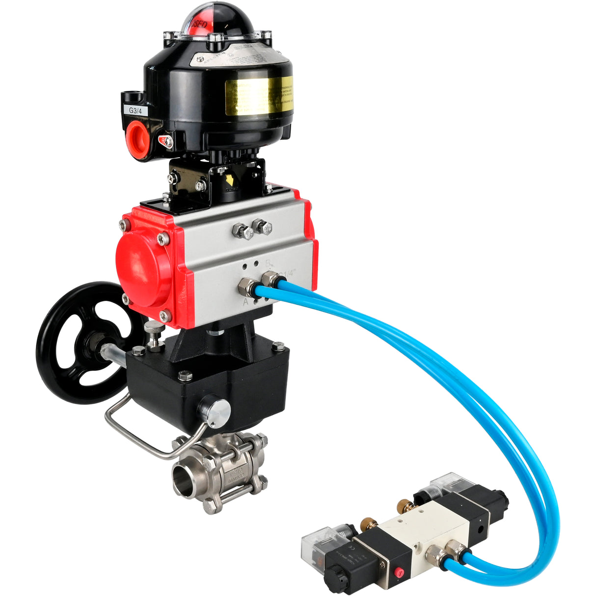 Kugelhähne Elephant BV3232P(3pc)-FP-W-ISO-H zum Schweißen, voller Durchgang, Gehäuse aus Edelstahl. Stahl SS316, Dichtung - PTFE, mit pneumatischem Antrieb Elephant PA-DA 052-083 pneumatischer Verteiler 4V320-08 Getriebe MON LSU APL-510N-EX