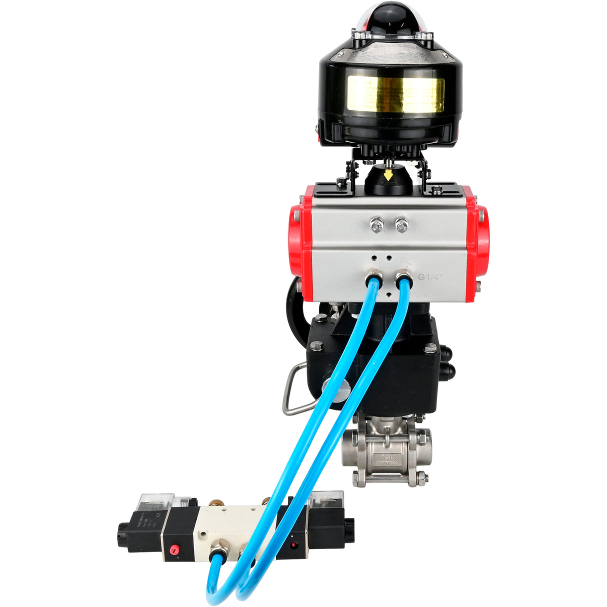 Kugelhähne Elephant BV3232P(3pc)-FP-W-ISO-H zum Schweißen, voller Durchgang, Gehäuse aus Edelstahl. Stahl SS316, Dichtung - PTFE, mit pneumatischem Antrieb Elephant PA-DA 052-083 pneumatischer Verteiler 4V320-08 Getriebe MON LSU APL-510N-EX