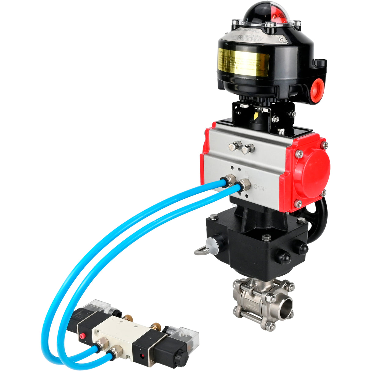 Kugelhähne Elephant BV3232P(3pc)-FP-W-ISO-H zum Schweißen, voller Durchgang, Gehäuse aus Edelstahl. Stahl SS316, Dichtung - PTFE, mit pneumatischem Antrieb Elephant PA-DA 052-083 pneumatischer Verteiler 4V320-08 Getriebe MON LSU APL-510N-EX
