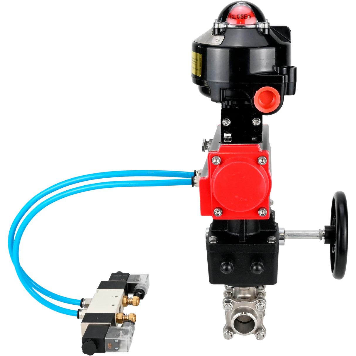 Kugelhähne Elephant BV3232P(3pc)-FP-W-ISO-H zum Schweißen, voller Durchgang, Gehäuse aus Edelstahl. Stahl SS316, Dichtung - PTFE, mit pneumatischem Antrieb Elephant PA-DA 052-083 pneumatischer Verteiler 4V320-08 Getriebe MON LSU APL-510N-EX