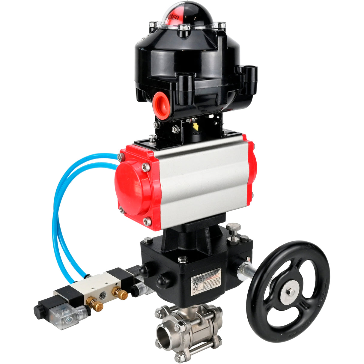 Kugelhähne Elephant BV3232P(3pc)-FP-W-ISO-H zum Schweißen, voller Durchgang, Gehäuse aus Edelstahl. Stahl SS316, Dichtung - PTFE, mit pneumatischem Antrieb Elephant PA-DA 052-083 pneumatischer Verteiler 4V320-08 Getriebe MON LSU APL-510N-EX