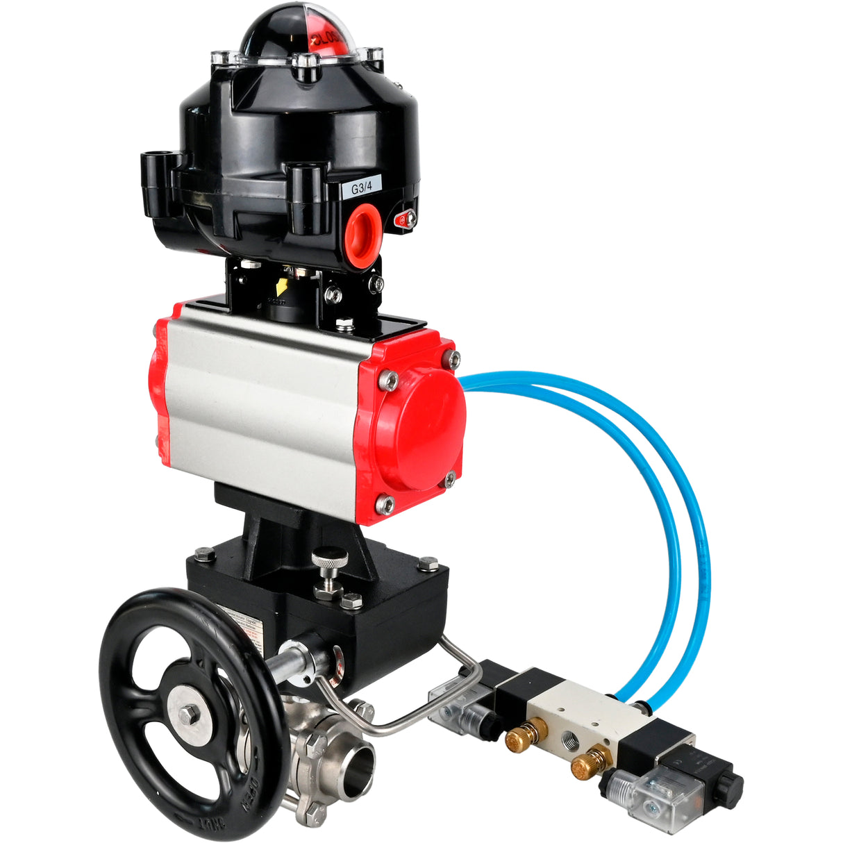 Kugelhähne Elephant BV3232P(3pc)-FP-W-ISO-H zum Schweißen, voller Durchgang, Gehäuse aus Edelstahl. Stahl SS316, Dichtung - PTFE, mit pneumatischem Antrieb Elephant PA-DA 052-083 pneumatischer Verteiler 4V320-08 Getriebe MON LSU APL-510N-EX