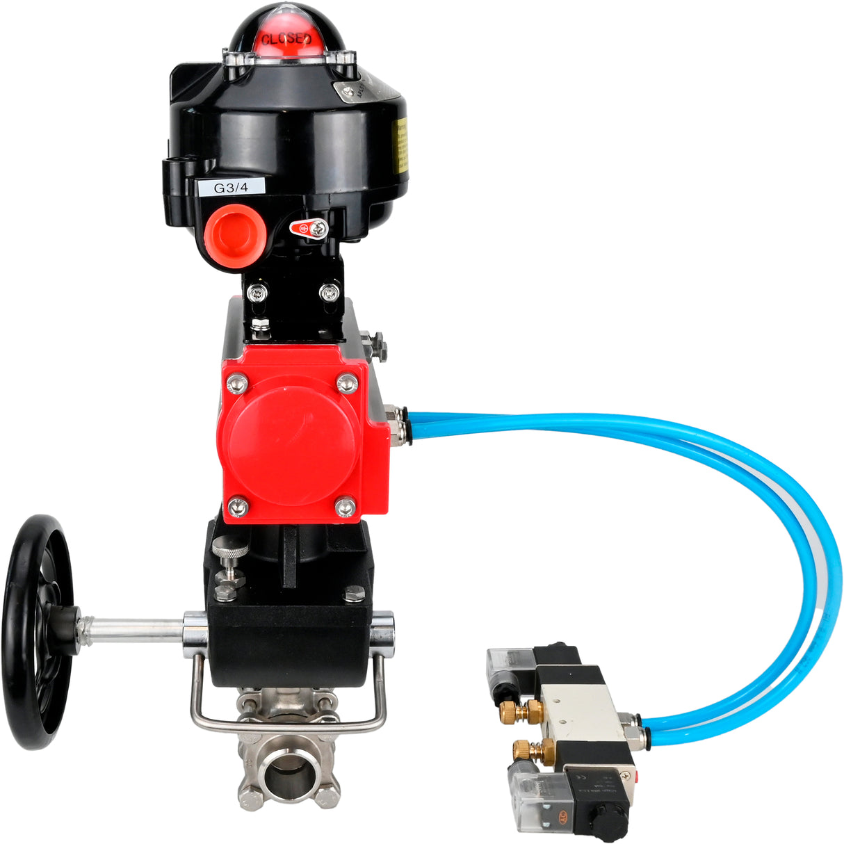 Kugelhähne Elephant BV3232P(3pc)-FP-W-ISO-H zum Schweißen, voller Durchgang, Gehäuse aus Edelstahl. Stahl SS316, Dichtung - PTFE, mit pneumatischem Antrieb Elephant PA-DA 052-083 pneumatischer Verteiler 4V320-08 Getriebe MON LSU APL-510N-EX