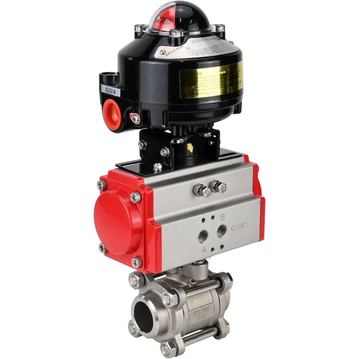 Kugelhähne Elephant BV3232P(3pc)-FP-W-ISO-H zum Schweißen, voller Durchgang, Gehäuse - Edelstahl SS316, Dichtung - PTFE, mit pneumatischem Antrieb Elephant PA-DA 052-083 und LSU APL-510N-EX