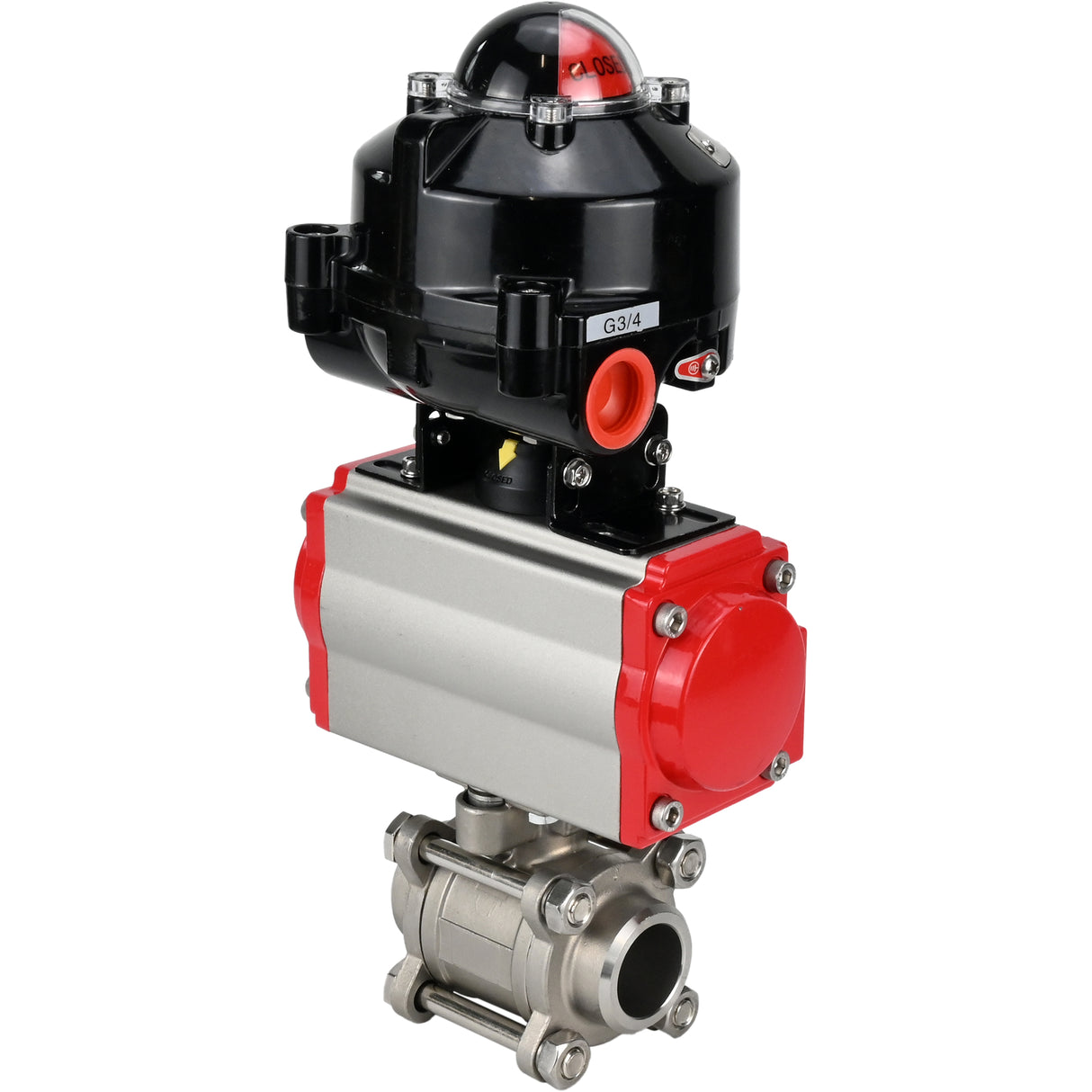 Kugelhähne Elephant BV3232P(3pc)-FP-W-ISO-H zum Schweißen, voller Durchgang, Gehäuse - Edelstahl SS316, Dichtung - PTFE, mit pneumatischem Antrieb Elephant PA-DA 052-083 und LSU APL-510N-EX