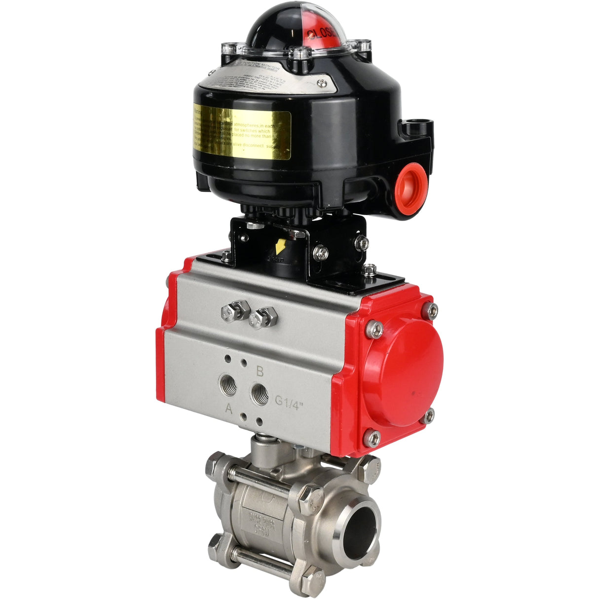 Kugelhähne Elephant BV3232P(3pc)-FP-W-ISO-H zum Schweißen, voller Durchgang, Gehäuse - Edelstahl SS316, Dichtung - PTFE, mit pneumatischem Antrieb Elephant PA-DA 052-083 und LSU APL-510N-EX