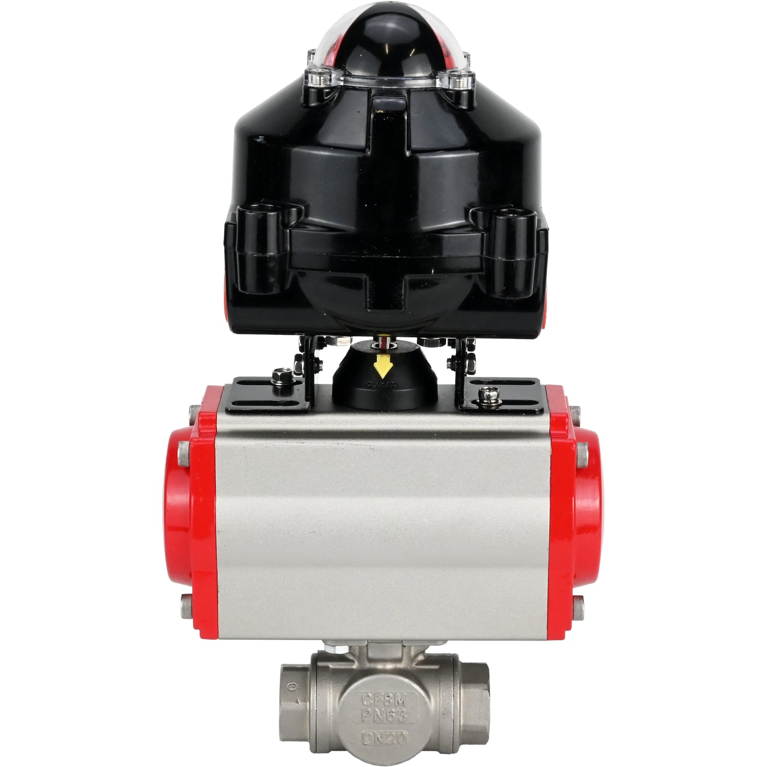 Kugelhähne Elephant BV3232P-SP-3L-T 3-Wege L-Typ, Gewinde, Standardbohrung, Gehäuse - Edelstahl SS316, Dichtung - PTFE, mit pneumatischem Antrieb Elephant PA-SA 052 -105 und LSU APL-510N-EX