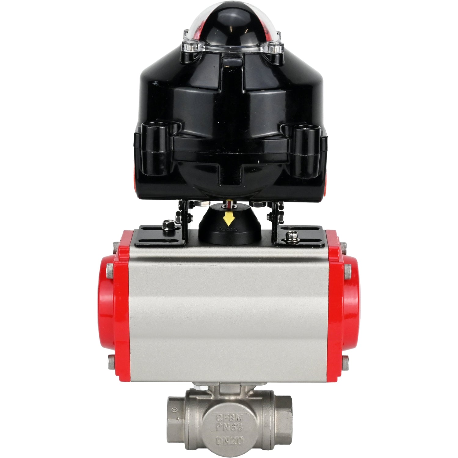 Kugelhähne Elephant BV3232P-SP-3L-T 3-Wege L-Typ, Gewinde, Standardbohrung, Gehäuse - Edelstahl SS316, Dichtung - PTFE, mit pneumatischem Antrieb Elephant PA-SA 052 -105 und LSU APL-510N-EX