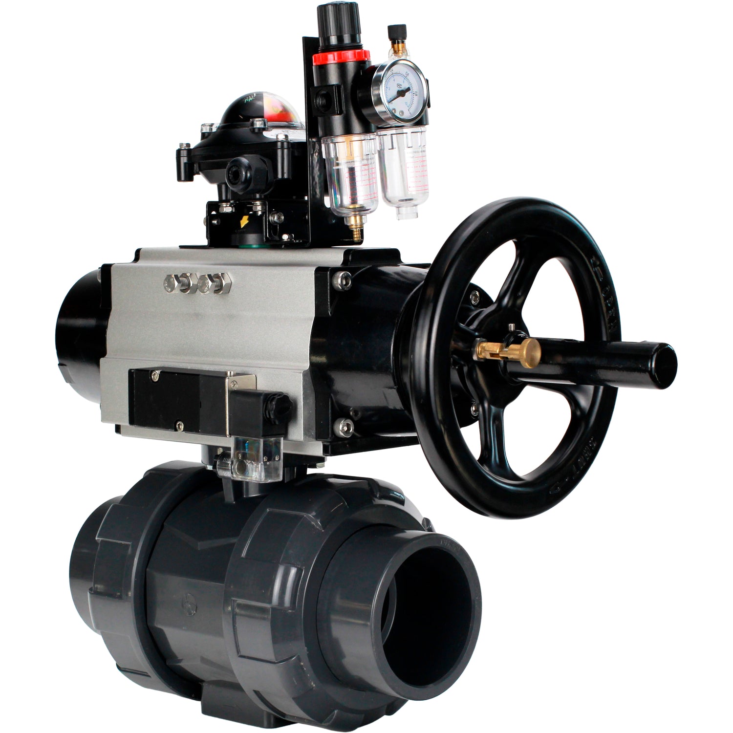 Ball valves Elephant BV4242E-FP-GRM-ISO, body material - UPVC, ball material - UPVC, seal - EPDM, with pneumatic actuator double action PA-DA-105-1, pneumatic distributor 4M310-08 24V, LSU APL-210N and ATU AFC2000