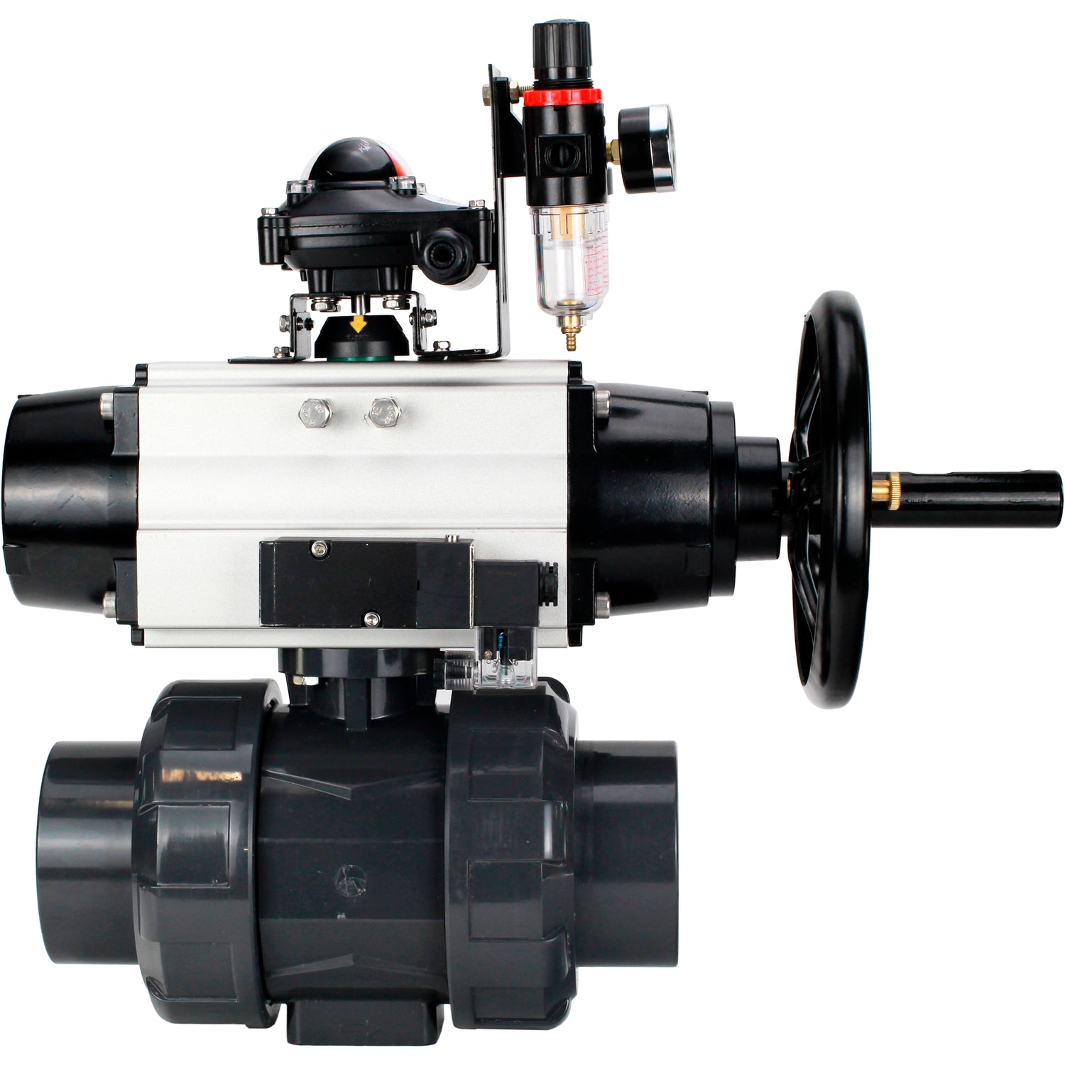 Ball valves Elephant BV4242E-FP-GRM-ISO, body material - UPVC, ball material - UPVC, seal - EPDM, with pneumatic actuator double action PA-DA-105-1, pneumatic distributor 4M310-08 24V, LSU APL-210N and ATU AFC2000