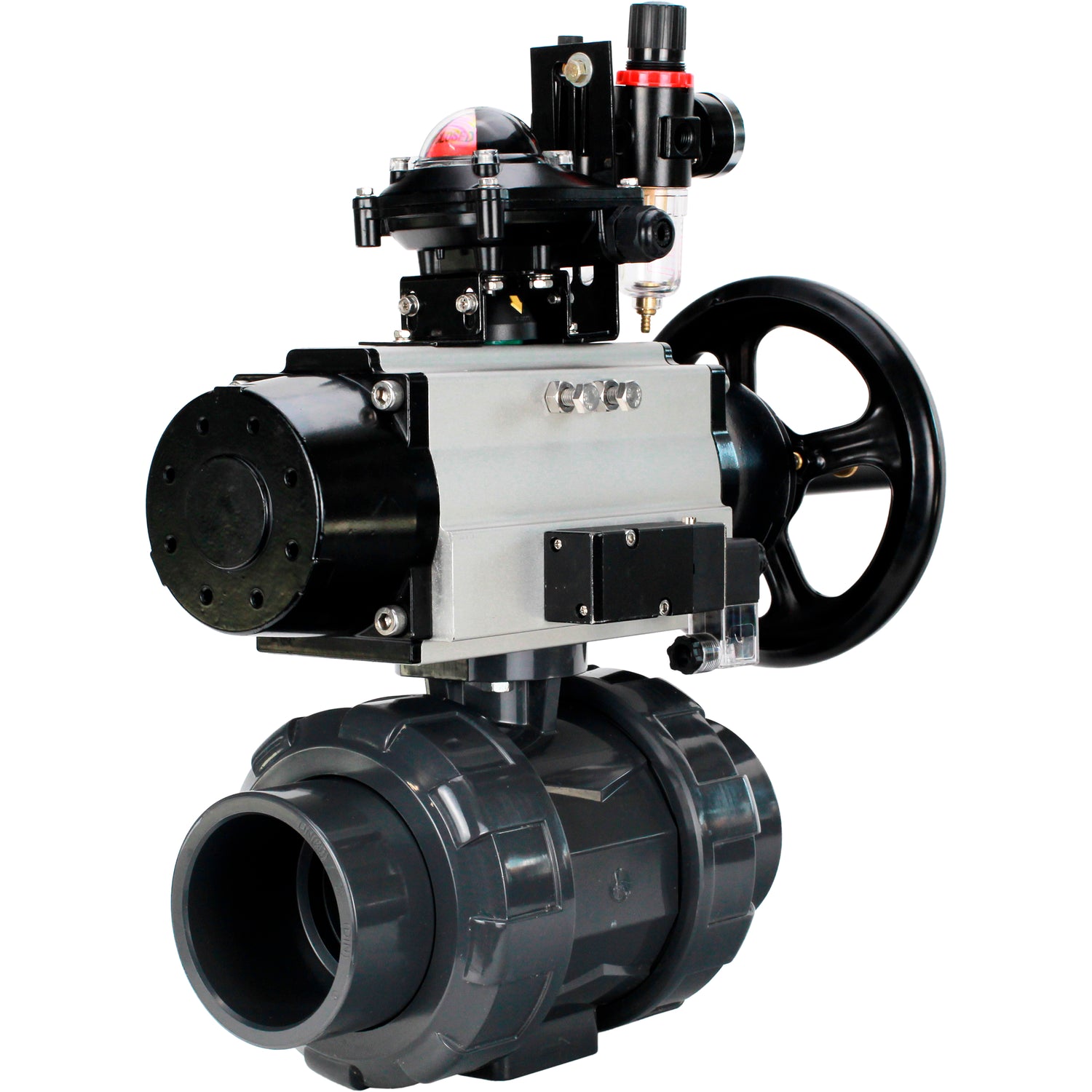 Ball valves Elephant BV4242E-FP-GRM-ISO, body material - UPVC, ball material - UPVC, seal - EPDM, with pneumatic actuator double action PA-DA-105-1, pneumatic distributor 4M310-08 24V, LSU APL-210N and ATU AFC2000