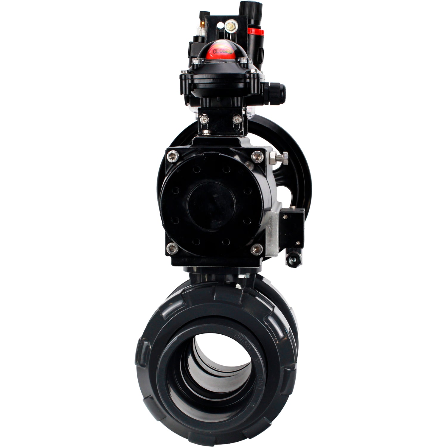 Ball valves Elephant BV4242E-FP-GRM-ISO, body material - UPVC, ball material - UPVC, seal - EPDM, with pneumatic actuator double action PA-DA-105-1, pneumatic distributor 4M310-08 24V, LSU APL-210N and ATU AFC2000
