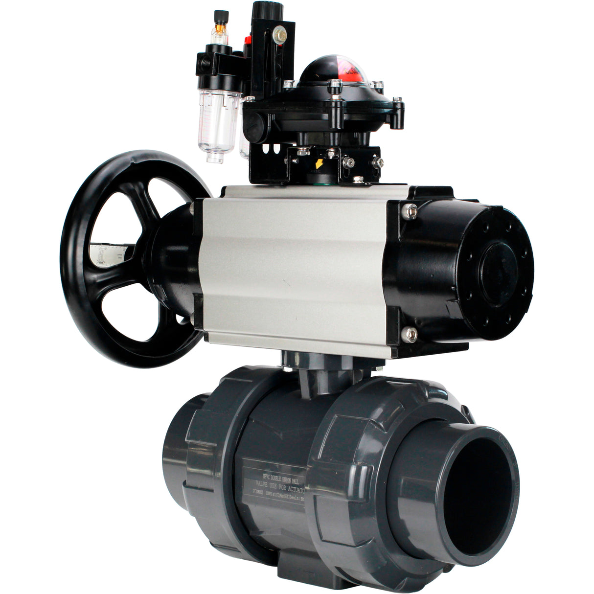 Ball valves Elephant BV4242E-FP-GRM-ISO, body material - UPVC, ball material - UPVC, seal - EPDM, with pneumatic actuator double action PA-DA-105-1, pneumatic distributor 4M310-08 24V, LSU APL-210N and ATU AFC2000
