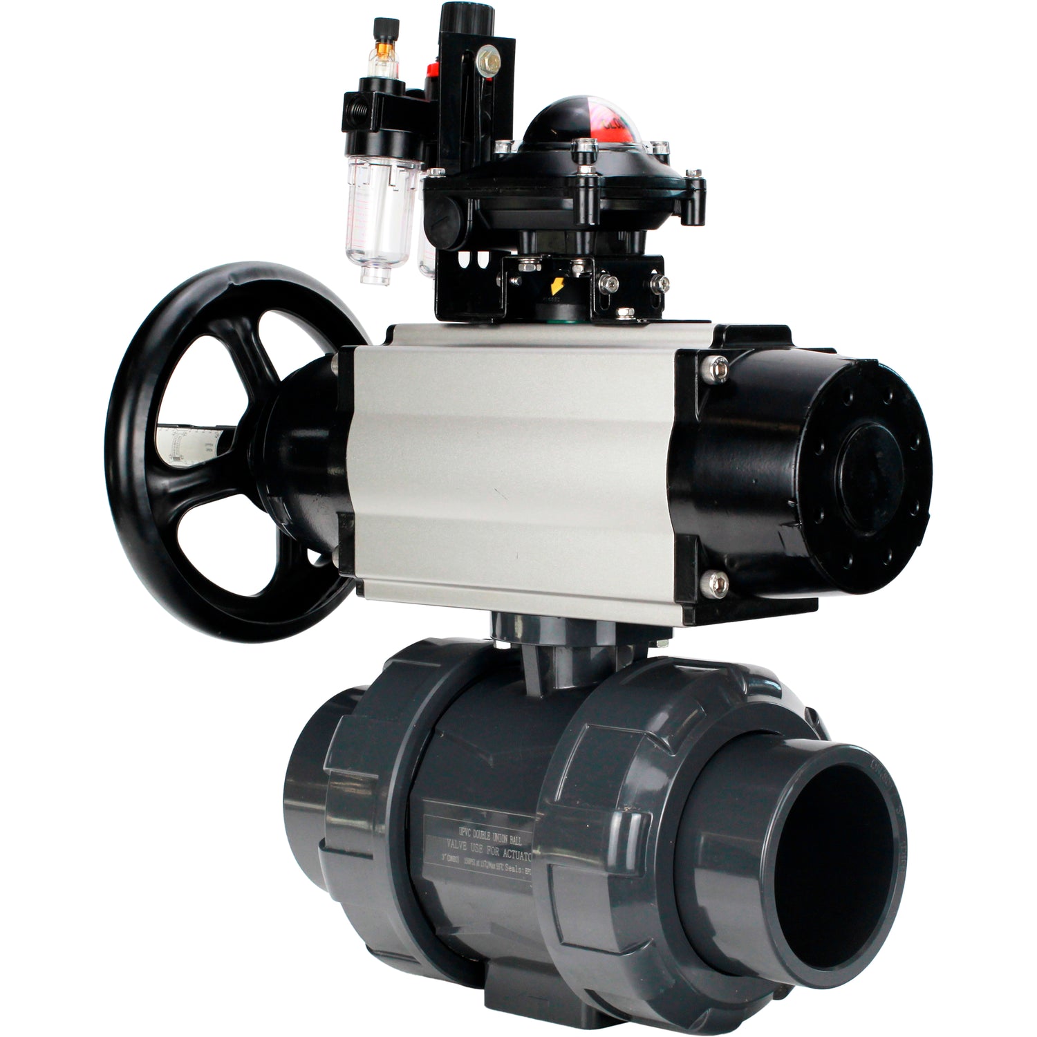 Ball valves Elephant BV4242E-FP-GRM-ISO, body material - UPVC, ball material - UPVC, seal - EPDM, with pneumatic actuator double action PA-DA-105-1, pneumatic distributor 4M310-08 24V, LSU APL-210N and ATU AFC2000