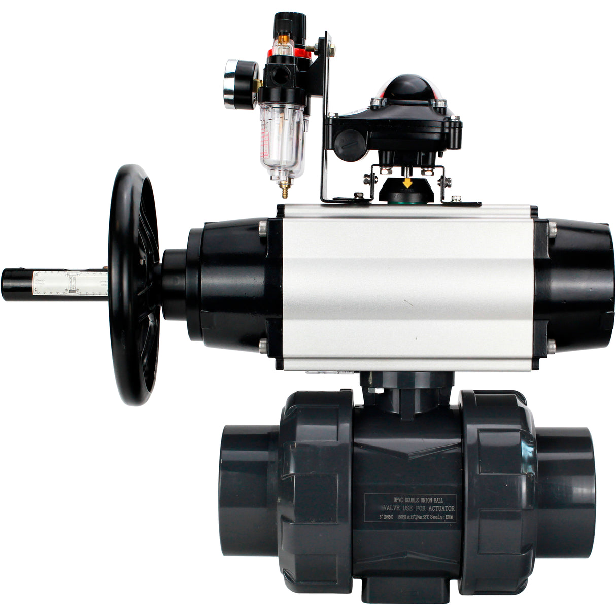Ball valves Elephant BV4242E-FP-GRM-ISO, body material - UPVC, ball material - UPVC, seal - EPDM, with pneumatic actuator double action PA-DA-105-1, pneumatic distributor 4M310-08 24V, LSU APL-210N and ATU AFC2000