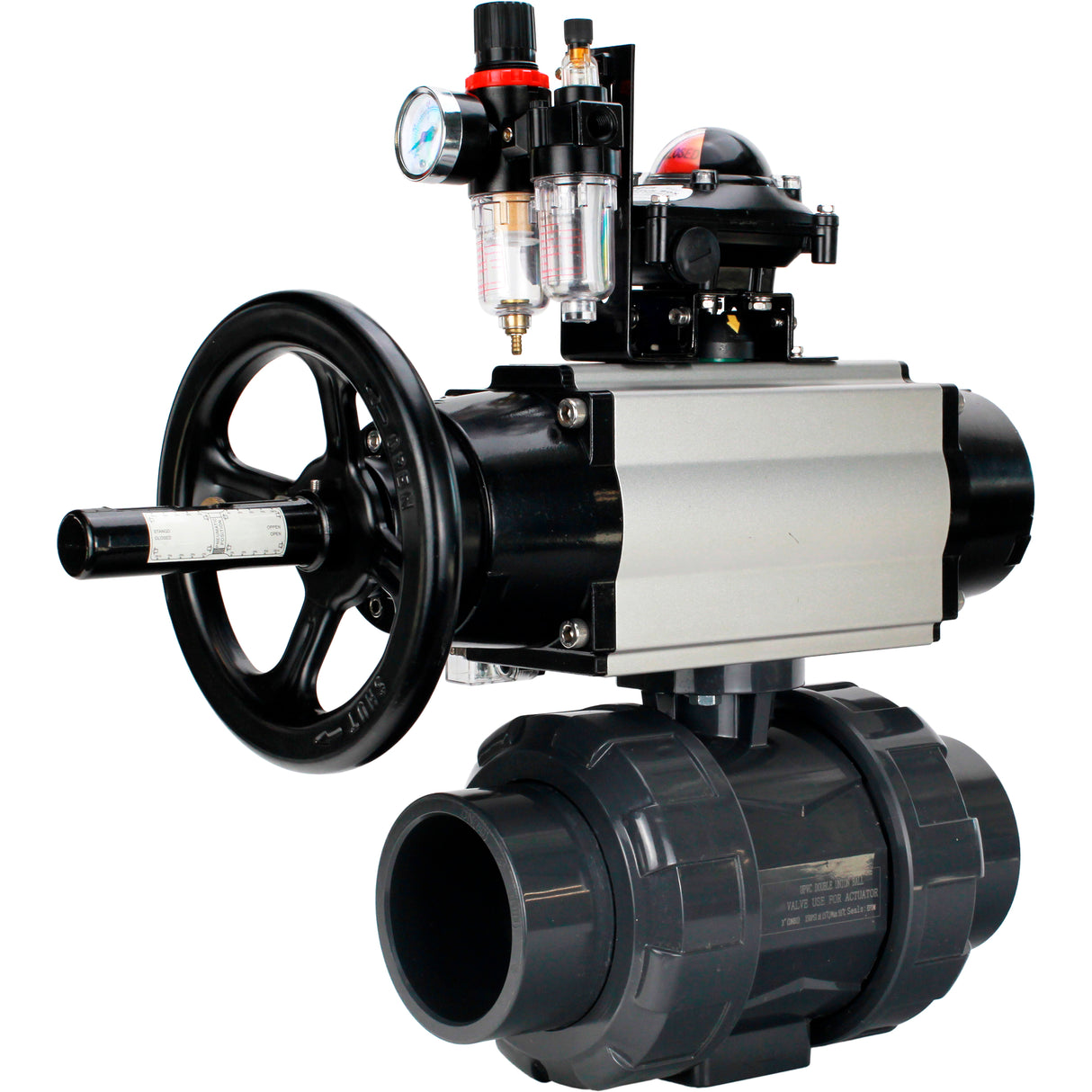 Ball valves Elephant BV4242E-FP-GRM-ISO, body material - UPVC, ball material - UPVC, seal - EPDM, with pneumatic actuator double action PA-DA-105-1, pneumatic distributor 4M310-08 24V, LSU APL-210N and ATU AFC2000