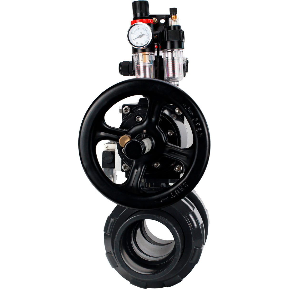Ball valves Elephant BV4242E-FP-GRM-ISO, body material - UPVC, ball material - UPVC, seal - EPDM, with pneumatic actuator double action PA-DA-105-1, pneumatic distributor 4M310-08 24V, LSU APL-210N and ATU AFC2000