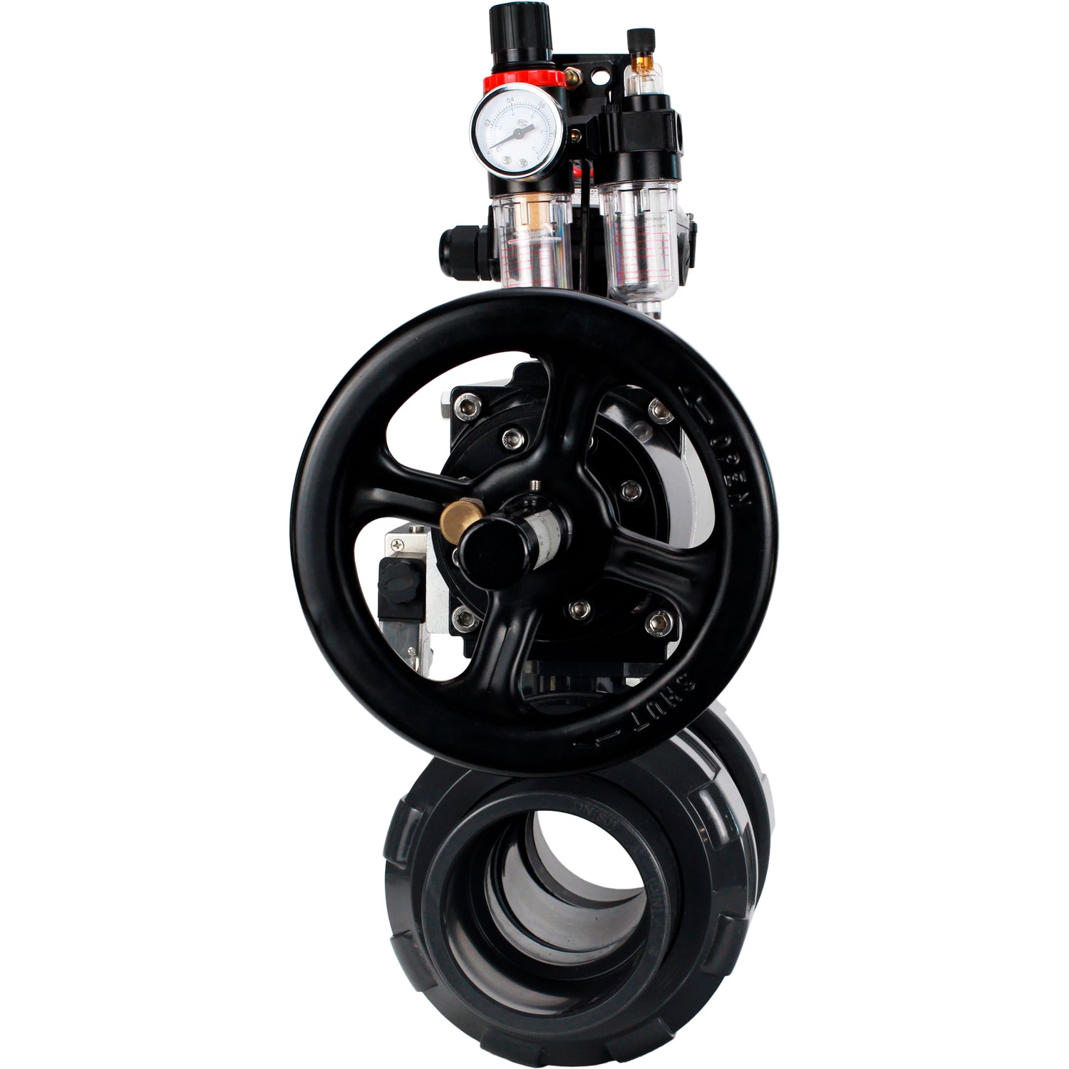 Ball valves Elephant BV4242E-FP-GRM-ISO, body material - UPVC, ball material - UPVC, seal - EPDM, with pneumatic actuator double action PA-DA-105-1, pneumatic distributor 4M310-08 24V, LSU APL-210N and ATU AFC2000