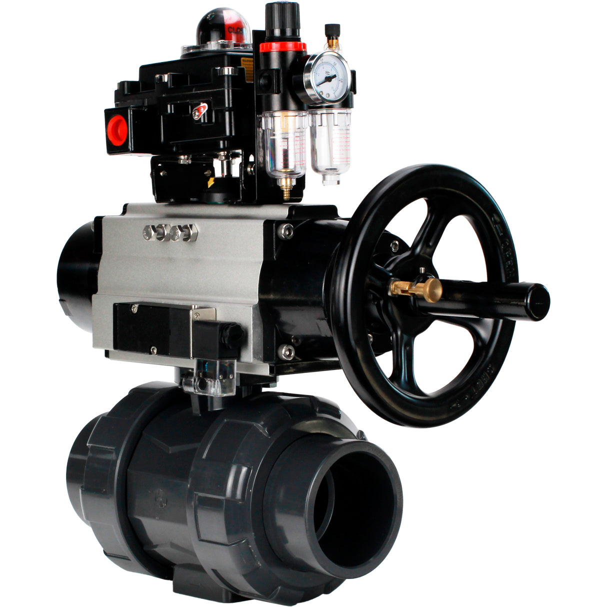 Ball valves Elephant BV4242E-FP-GRM-ISO, body material - UPVC, ball material - UPVC, seal - EPDM, with pneumatic actuator double action PA-DA-105-1, pneumatic distributor 4M310-08 24V, LSU APL-410N EX and ATU AFC2000