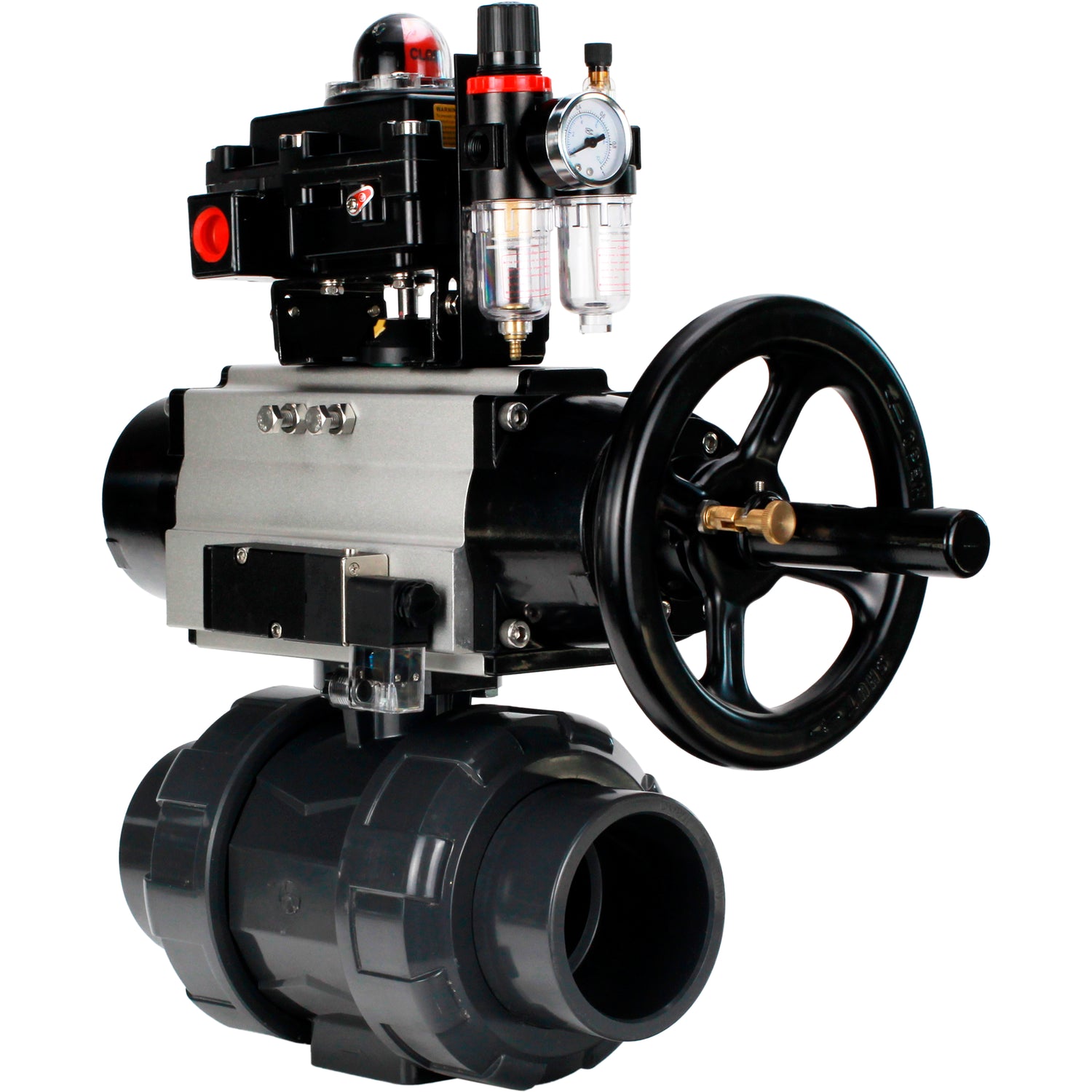 Ball valves Elephant BV4242E-FP-GRM-ISO, body material - UPVC, ball material - UPVC, seal - EPDM, with pneumatic actuator double action PA-DA-105-1, pneumatic distributor 4M310-08 24V, LSU APL-410N EX and ATU AFC2000