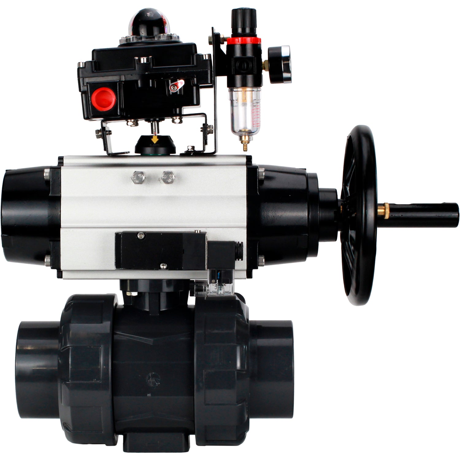 Ball valves Elephant BV4242E-FP-GRM-ISO, body material - UPVC, ball material - UPVC, seal - EPDM, with pneumatic actuator double action PA-DA-105-1, pneumatic distributor 4M310-08 24V, LSU APL-410N EX and ATU AFC2000