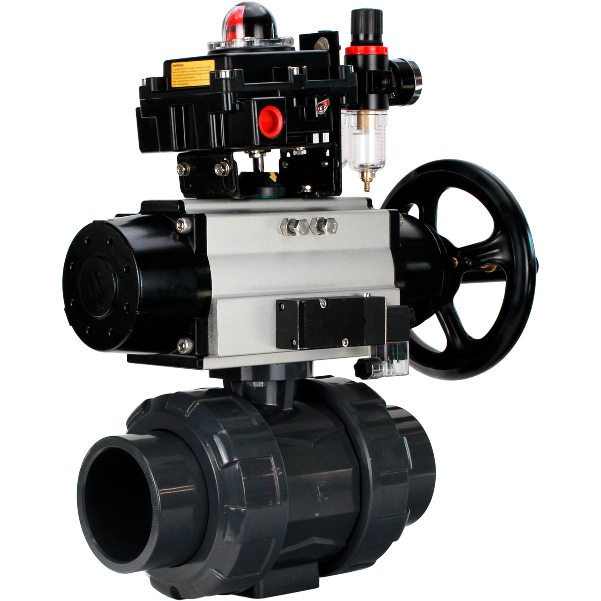 Ball valves Elephant BV4242E-FP-GRM-ISO, body material - UPVC, ball material - UPVC, seal - EPDM, with pneumatic actuator double action PA-DA-105-1, pneumatic distributor 4M310-08 24V, LSU APL-410N EX and ATU AFC2000