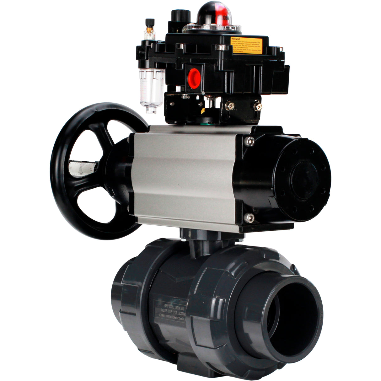 Ball valves Elephant BV4242E-FP-GRM-ISO, body material - UPVC, ball material - UPVC, seal - EPDM, with pneumatic actuator double action PA-DA-105-1, pneumatic distributor 4M310-08 24V, LSU APL-410N EX and ATU AFC2000