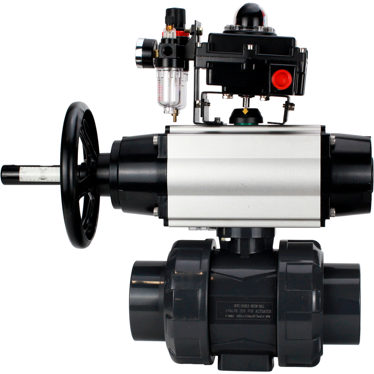 Ball valves Elephant BV4242E-FP-GRM-ISO, body material - UPVC, ball material - UPVC, seal - EPDM, with pneumatic actuator double action PA-DA-105-1, pneumatic distributor 4M310-08 24V, LSU APL-410N EX and ATU AFC2000
