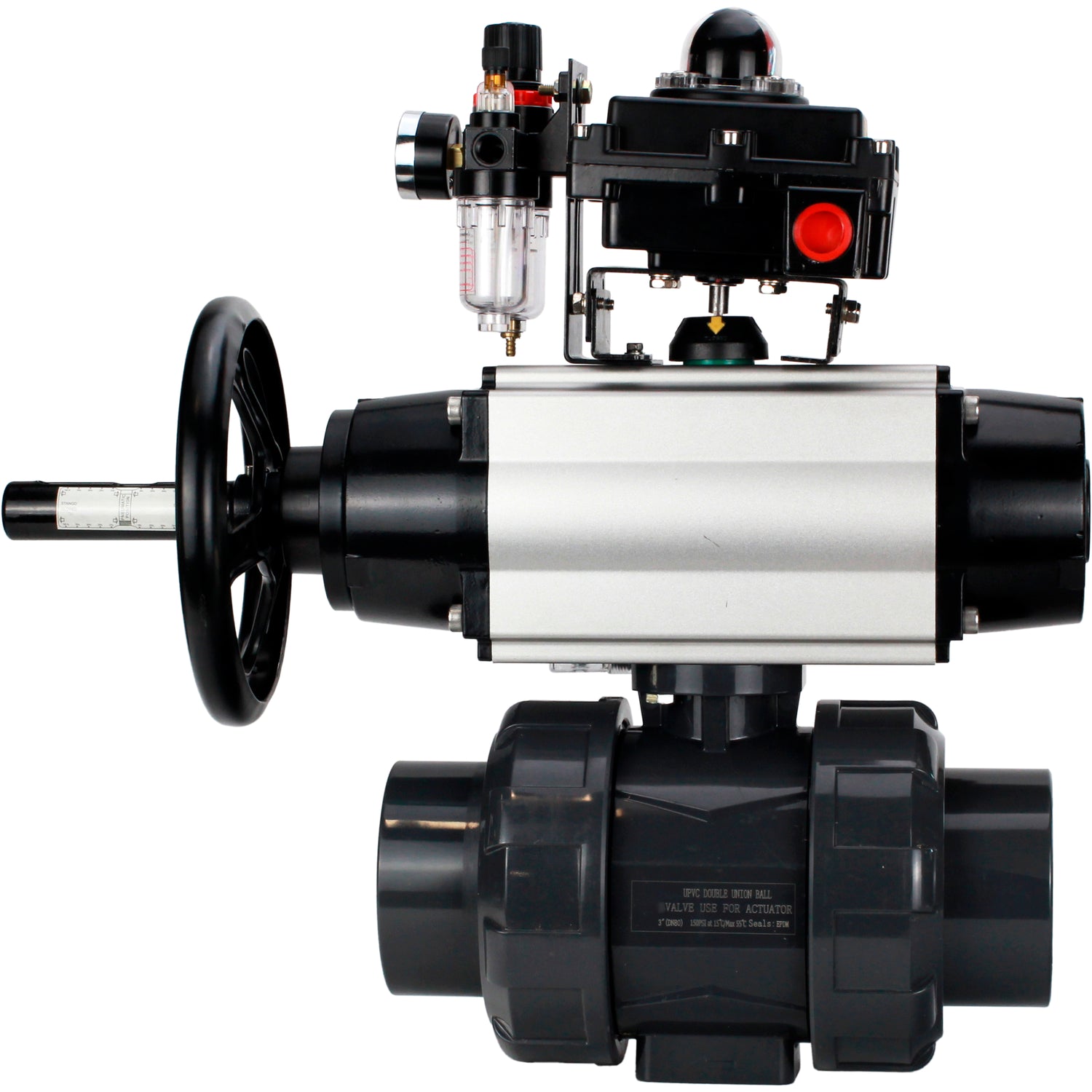 Ball valves Elephant BV4242E-FP-GRM-ISO, body material - UPVC, ball material - UPVC, seal - EPDM, with pneumatic actuator double action PA-DA-105-1, pneumatic distributor 4M310-08 24V, LSU APL-410N EX and ATU AFC2000