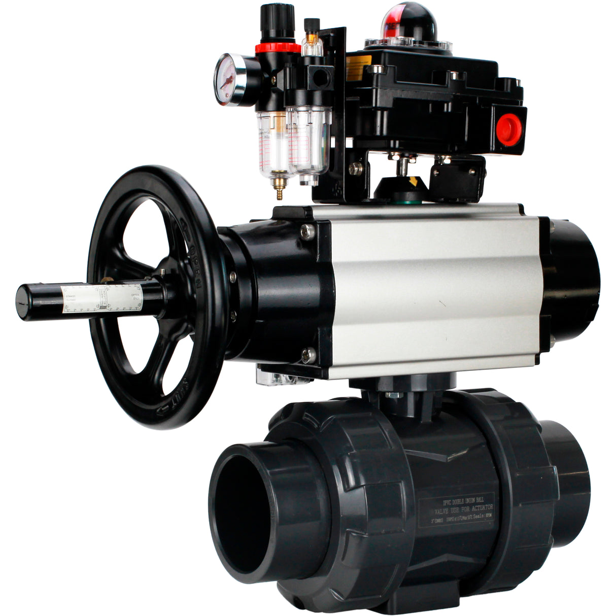 Ball valves Elephant BV4242E-FP-GRM-ISO, body material - UPVC, ball material - UPVC, seal - EPDM, with pneumatic actuator double action PA-DA-105-1, pneumatic distributor 4M310-08 24V, LSU APL-410N EX and ATU AFC2000