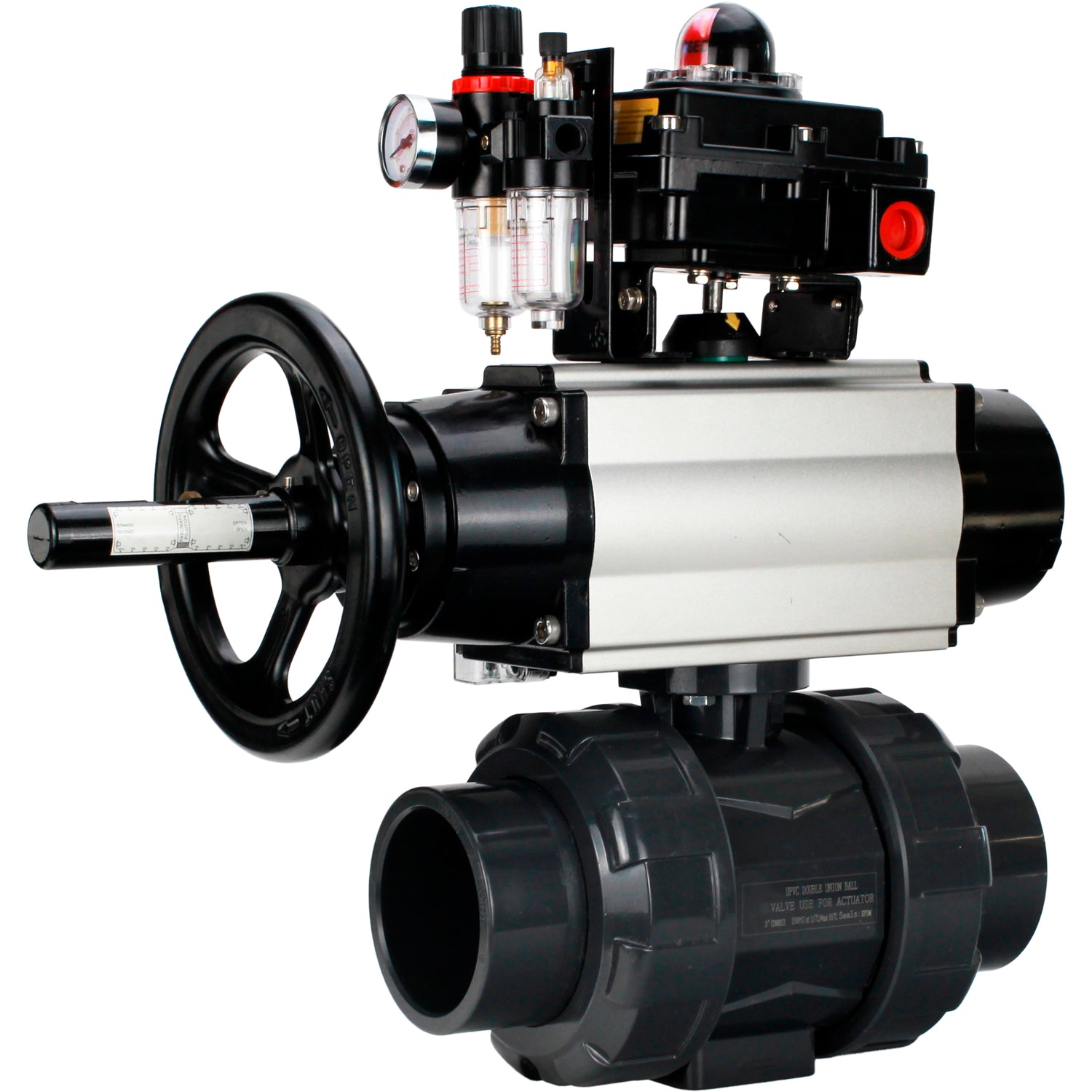 Ball valves Elephant BV4242E-FP-GRM-ISO, body material - UPVC, ball material - UPVC, seal - EPDM, with pneumatic actuator double action PA-DA-105-1, pneumatic distributor 4M310-08 24V, LSU APL-410N EX and ATU AFC2000