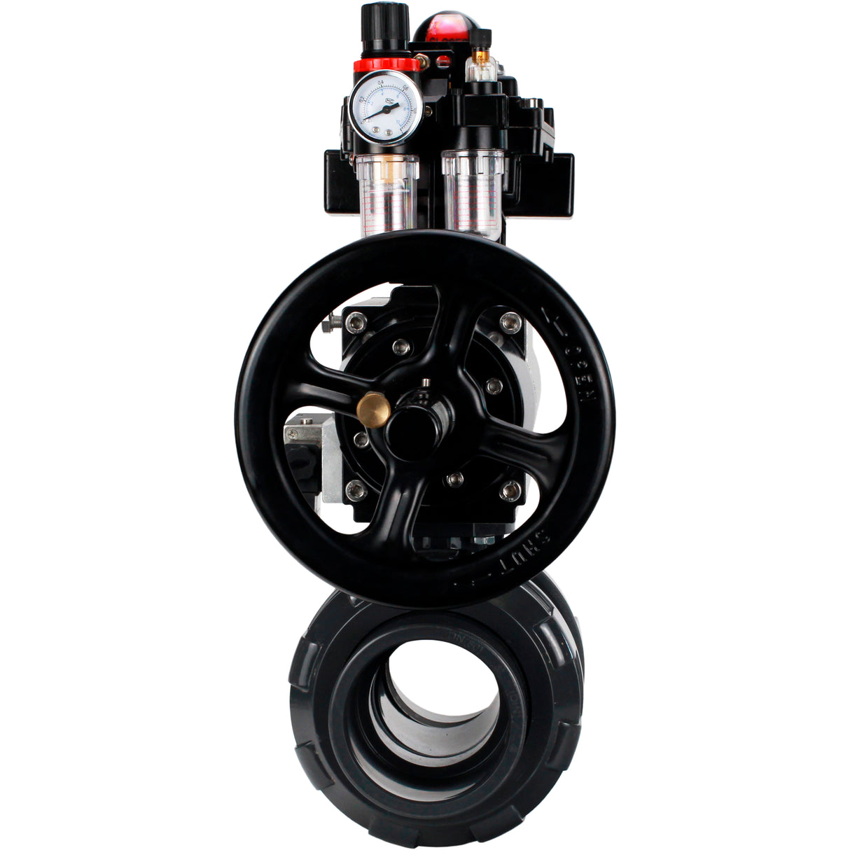 Ball valves Elephant BV4242E-FP-GRM-ISO, body material - UPVC, ball material - UPVC, seal - EPDM, with pneumatic actuator double action PA-DA-105-1, pneumatic distributor 4M310-08 24V, LSU APL-410N EX and ATU AFC2000