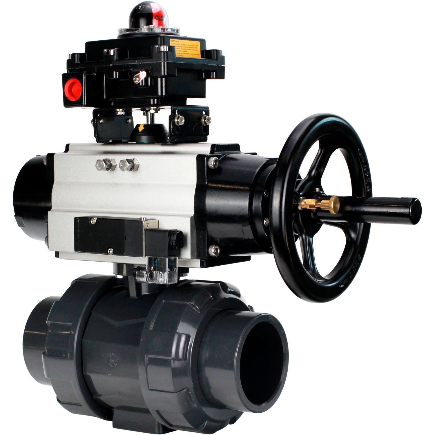 Ball valves Elephant BV4242E-FP-GRM-ISO, body material - UPVC, ball material - UPVC, seal - EPDM, with pneumatic actuator double action PA-DA-105-1, pneumatic distributor 4M310-08 220V and LSU APL-410N EX