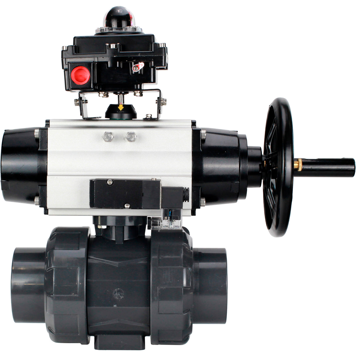 Ball valves Elephant BV4242E-FP-GRM-ISO, body material - UPVC, ball material - UPVC, seal - EPDM, with pneumatic actuator double action PA-DA-105-1, pneumatic distributor 4M310-08 220V and LSU APL-410N EX