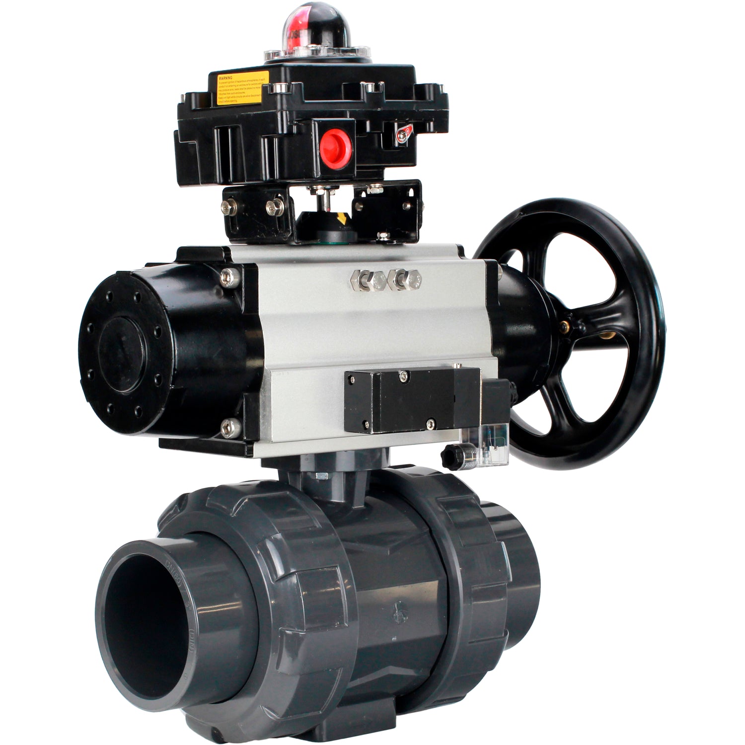 Ball valves Elephant BV4242E-FP-GRM-ISO, body material - UPVC, ball material - UPVC, seal - EPDM, with pneumatic actuator double action PA-DA-105-1, pneumatic distributor 4M310-08 220V and LSU APL-410N EX
