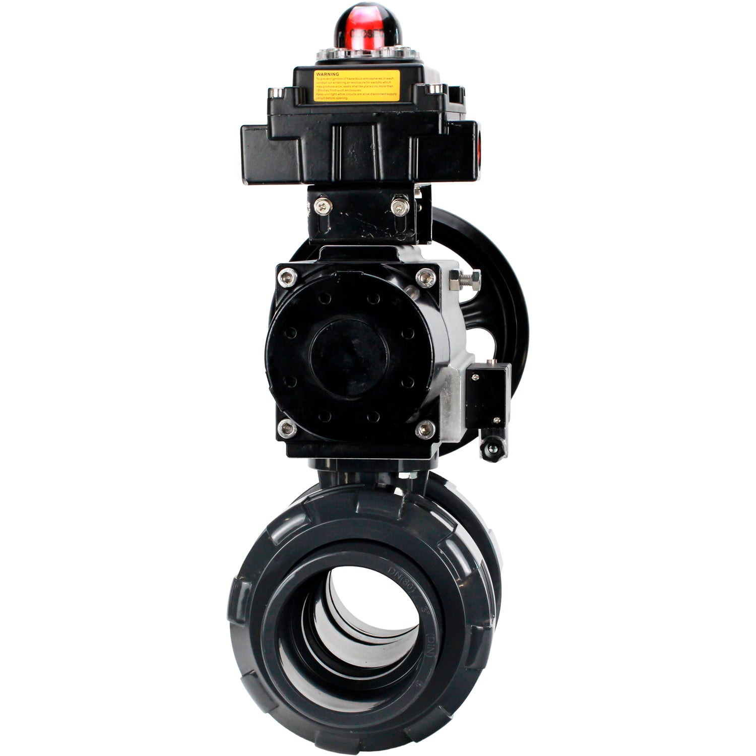 Ball valves Elephant BV4242E-FP-GRM-ISO, body material - UPVC, ball material - UPVC, seal - EPDM, with pneumatic actuator double action PA-DA-105-1, pneumatic distributor 4M310-08 220V and LSU APL-410N EX