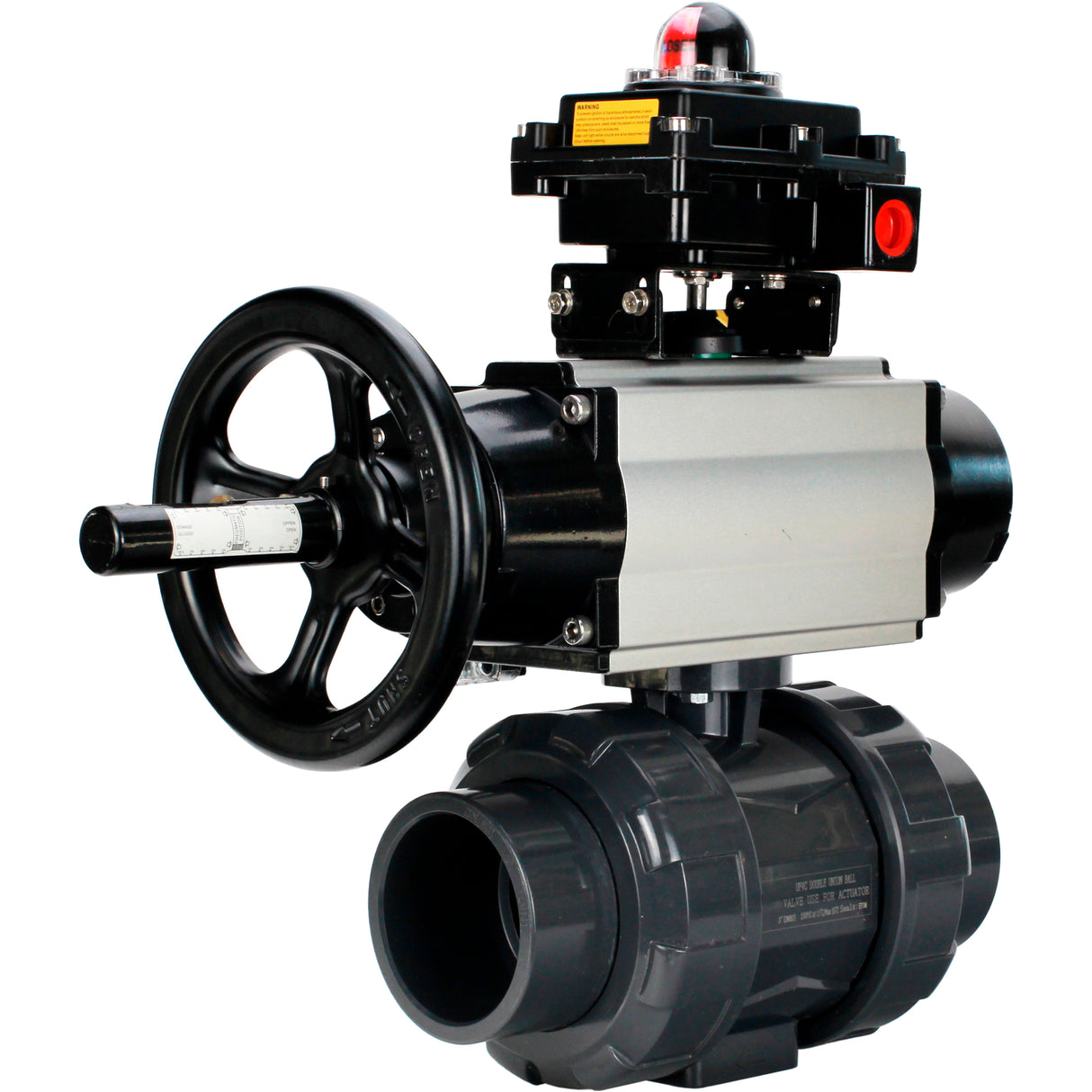 Ball valves Elephant BV4242E-FP-GRM-ISO, body material - UPVC, ball material - UPVC, seal - EPDM, with pneumatic actuator double action PA-DA-105-1, pneumatic distributor 4M310-08 220V and LSU APL-410N EX