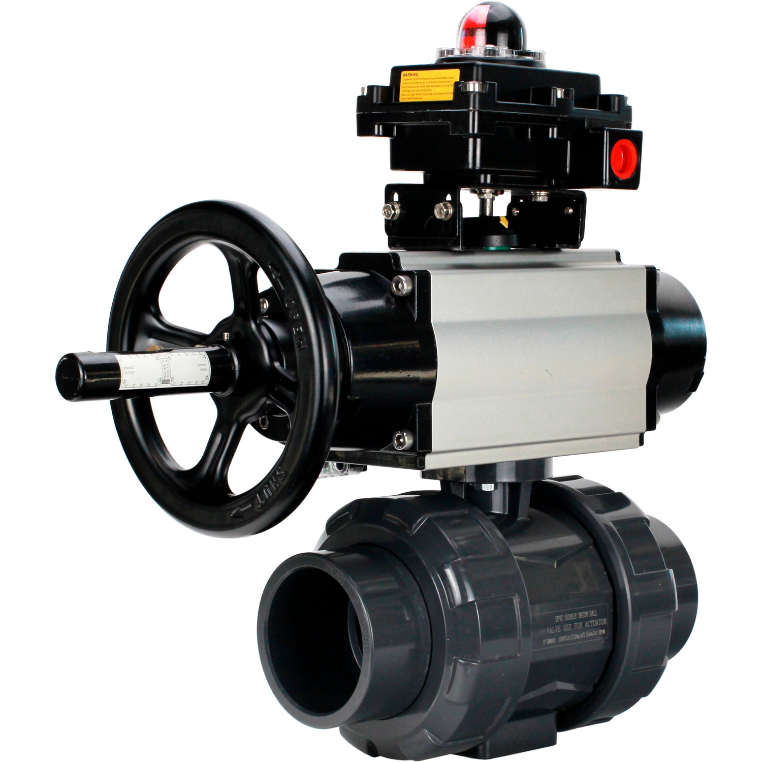 Ball valves Elephant BV4242E-FP-GRM-ISO, body material - UPVC, ball material - UPVC, seal - EPDM, with pneumatic actuator double action PA-DA-105-1, pneumatic distributor 4M310-08 220V and LSU APL-410N EX