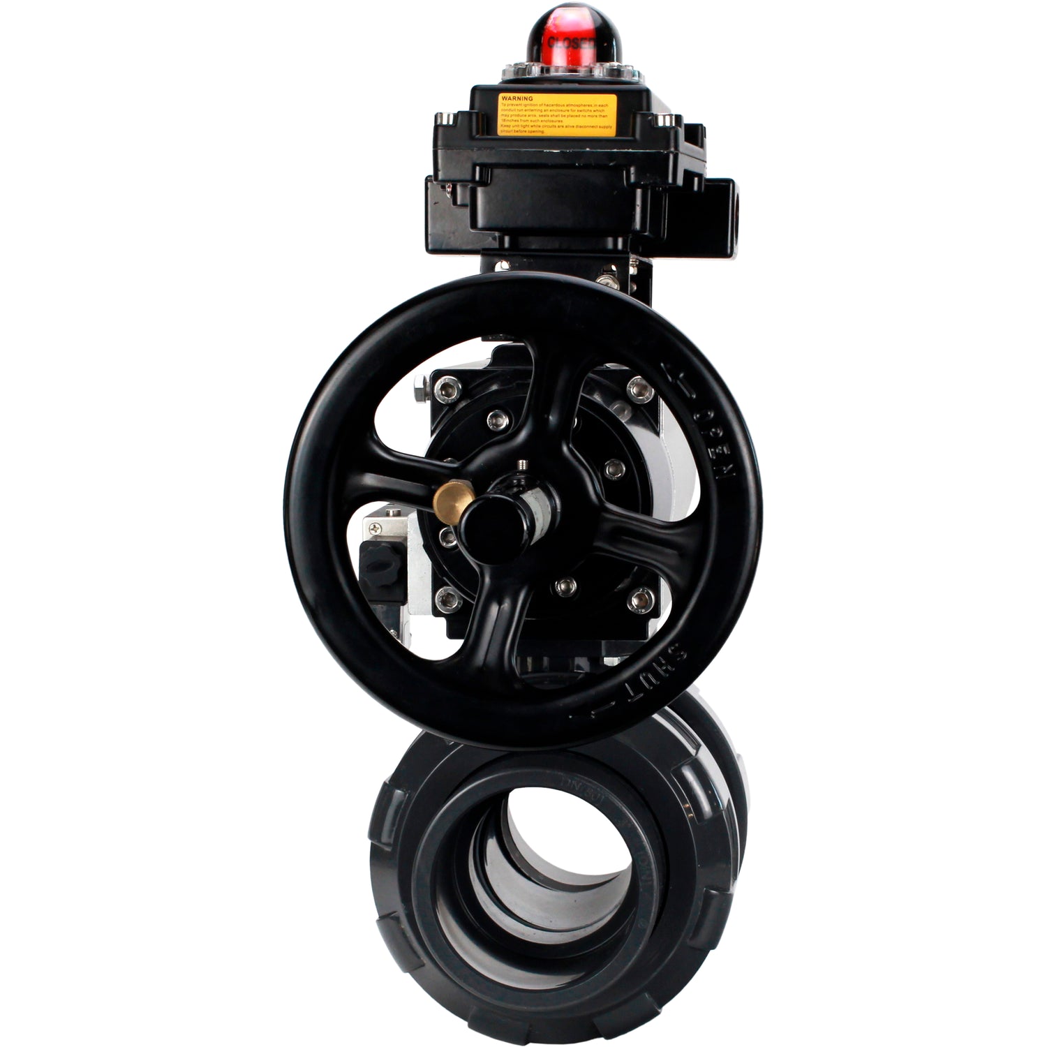 Ball valves Elephant BV4242E-FP-GRM-ISO, body material - UPVC, ball material - UPVC, seal - EPDM, with pneumatic actuator double action PA-DA-105-1, pneumatic distributor 4M310-08 220V and LSU APL-410N EX