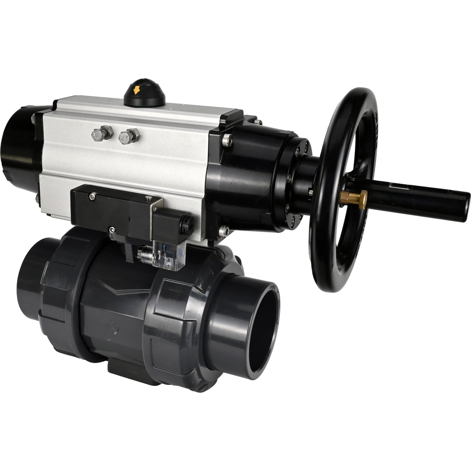 Ball valves Elephant BV4242E-FP-GRM-ISO, body material - UPVC, ball material - UPVC, seal - EPDM, with pneumatic actuator double action PA-DA-105-1 and pneumatic distributor 4M310-08 220V