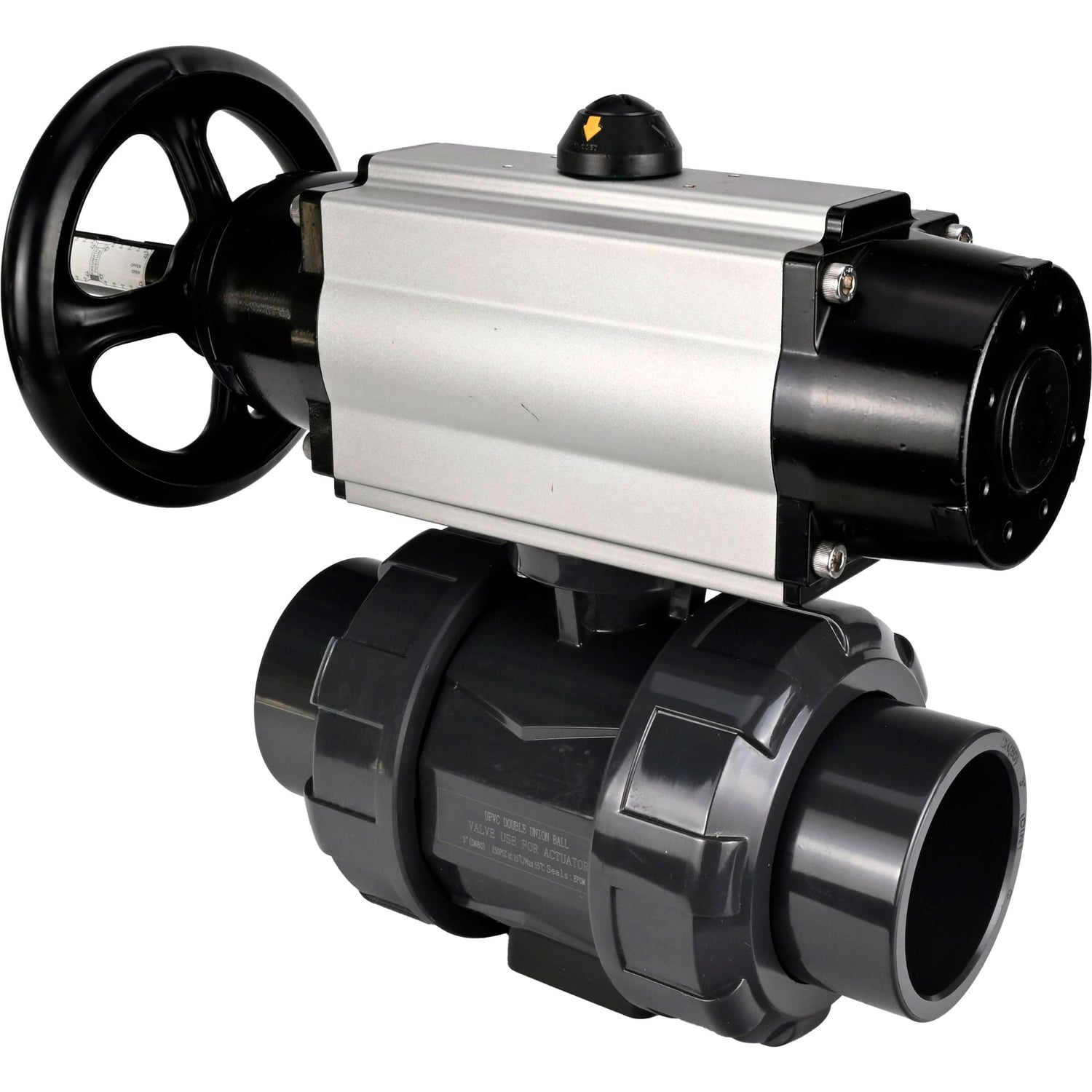 Ball valves Elephant BV4242E-FP-GRM-ISO, body material - UPVC, ball material - UPVC, seal - EPDM, with pneumatic actuator double action PA-DA-105-1 and pneumatic distributor 4M310-08 220V